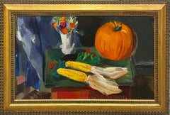 Ein farbenfrohes, modernes Herbststillleben aus den 1930er Jahren mit einem Kürbis