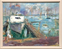 A Colorful, Vintage 1950s Mid-Century Modern Martha's Vineyard Harbor Scene