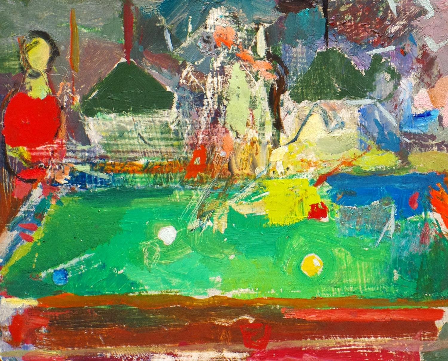 A Colorful, 1950s Mid-Century Modern Pool Hall Scene by Francis Chapin For Sale 2