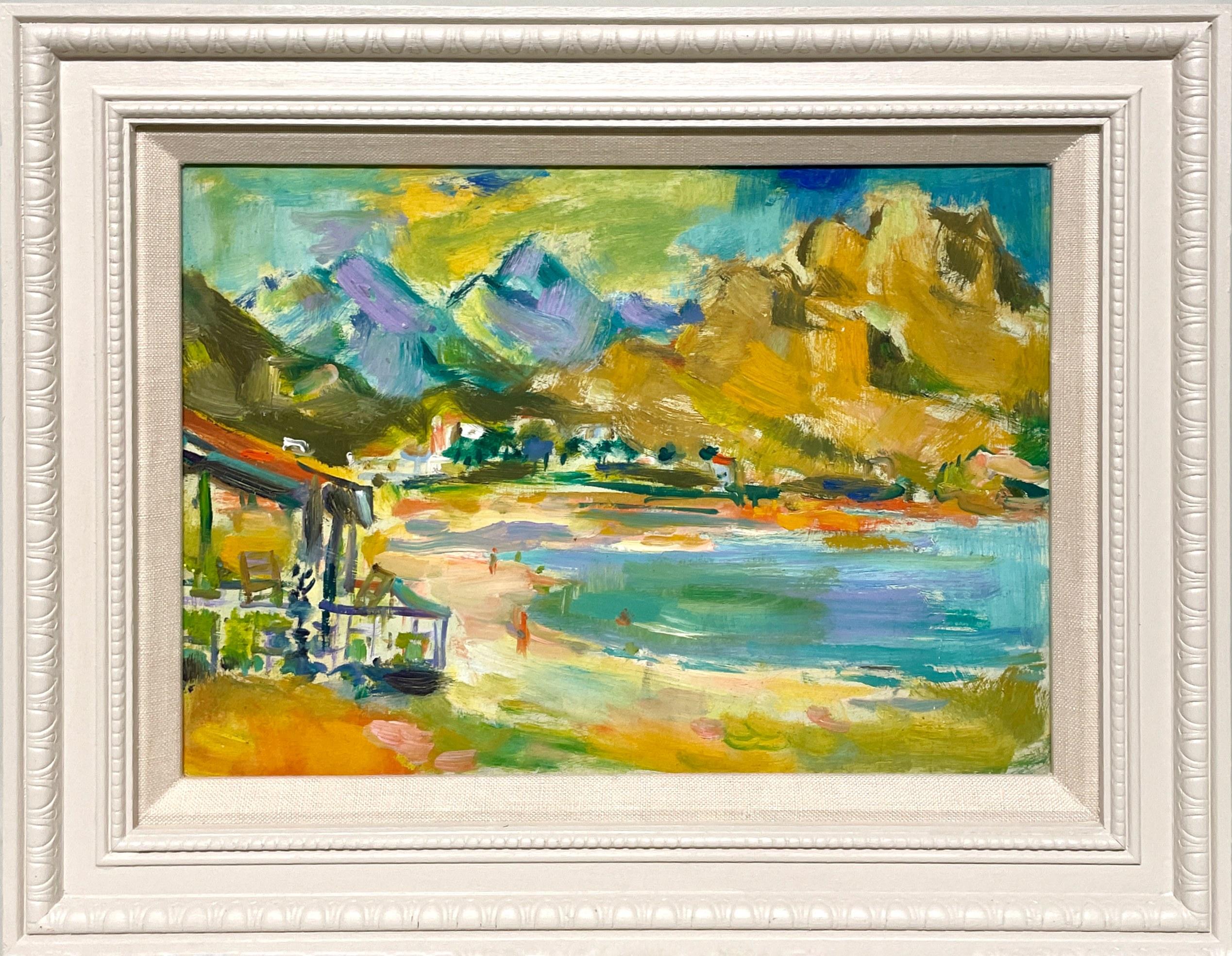 Ein lebhaftes, farbenfrohes Gemälde aus den 1950er Jahren mit einer Strandszene an einer Bergküste des berühmten Chicagoer Künstlers Francis Chapin (Am. 1899-1965).  Das Gemälde, das einen malerischen Blick auf einen ruhigen Strand entlang einer