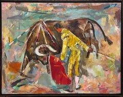 A Colorful 1950s Mid-Century Modern Painting of a Bull Fight by Francis Chapin