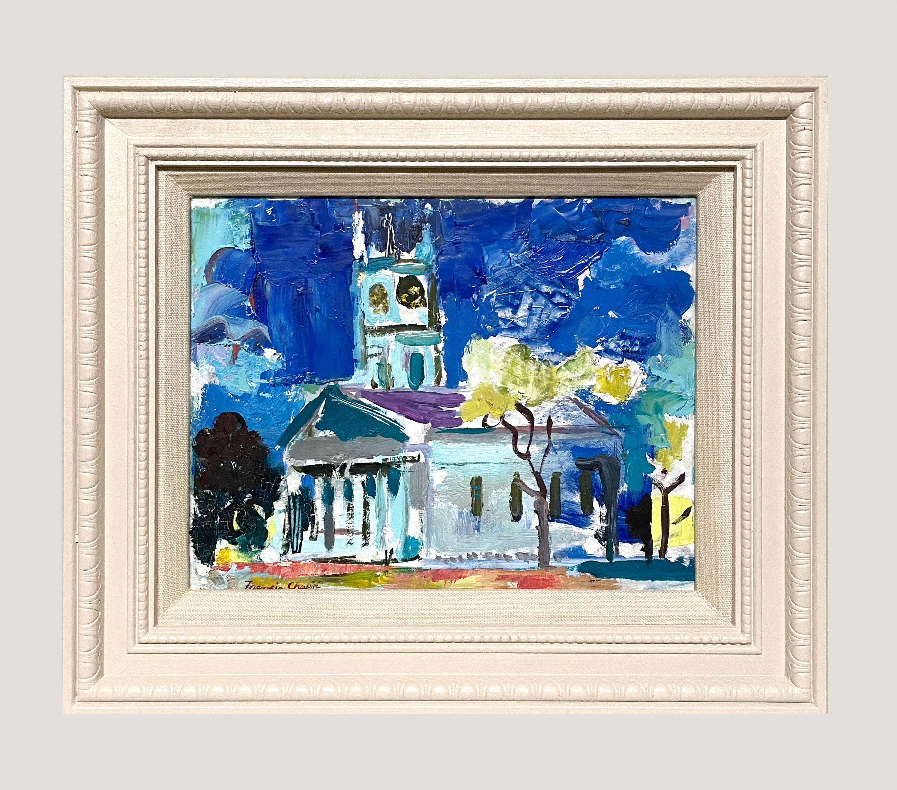Peinture colorée des années 1950 de Martha's Vineyard, Old Whaling Church, Edgartown - Painting de Francis Chapin