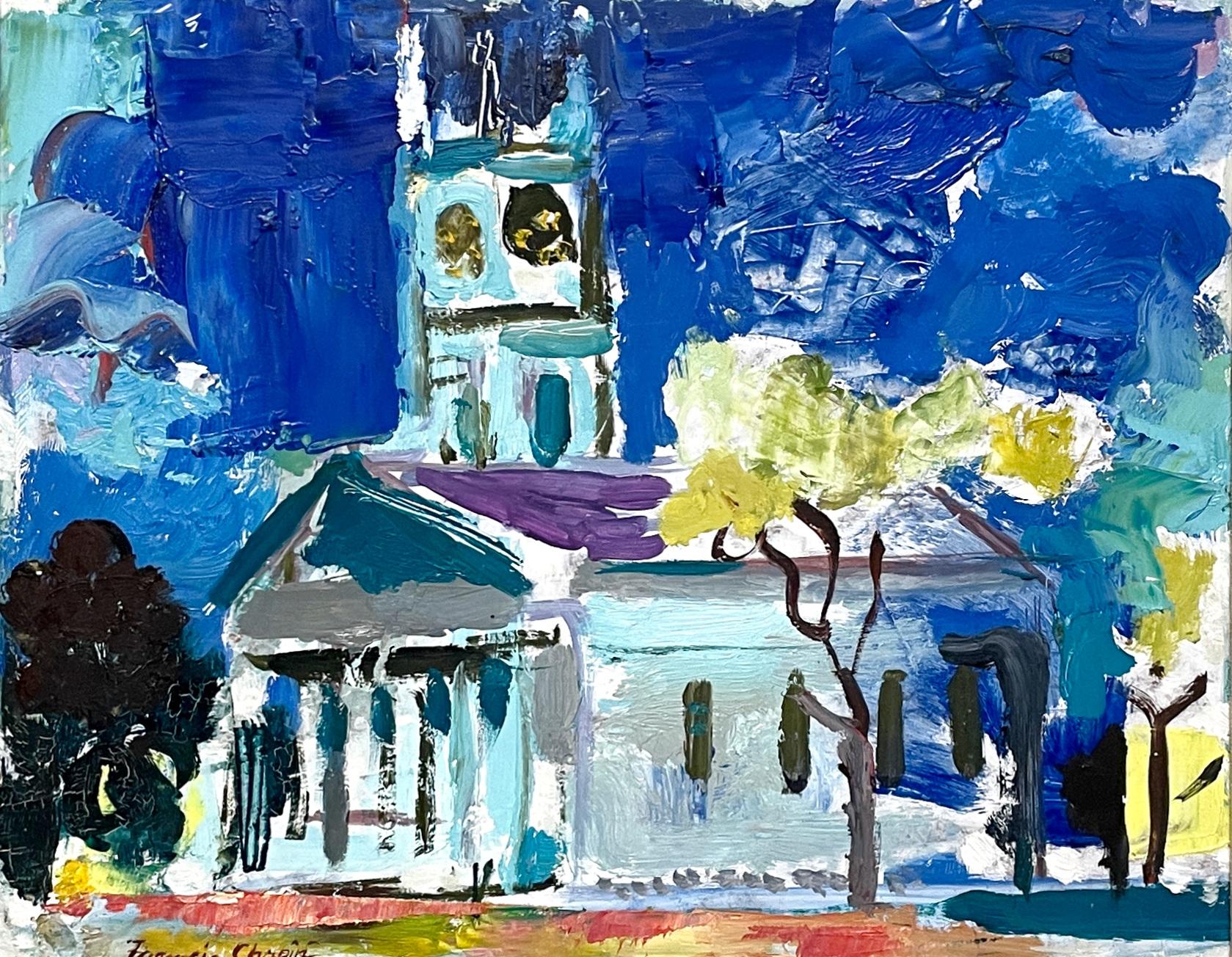 Peinture colorée des années 1950 de Martha's Vineyard, Old Whaling Church, Edgartown - Marron Landscape Painting par Francis Chapin