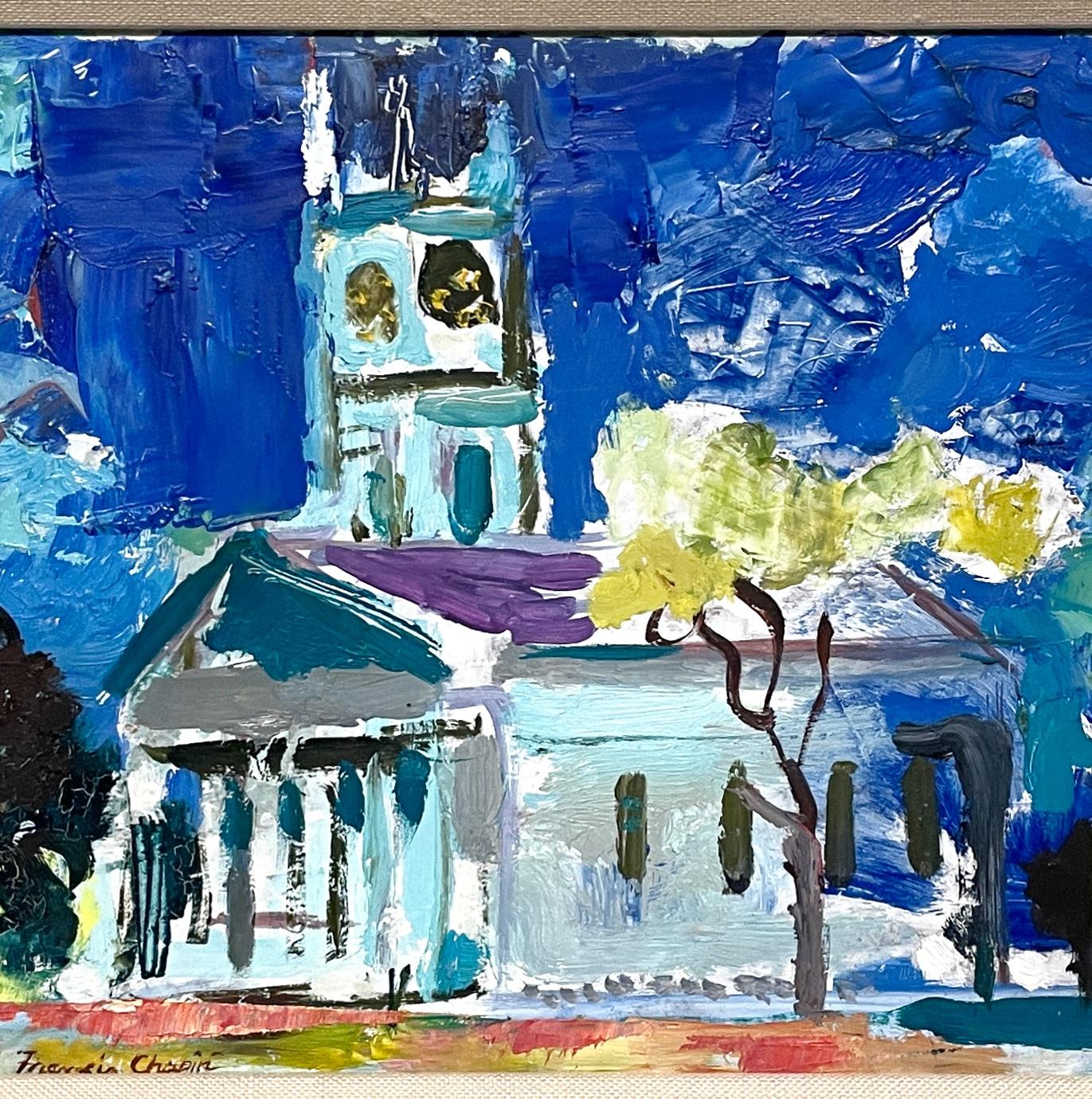 Une peinture vibrante et colorée de Martha's Vineyard datant des années 1950 et réalisée par le célèbre artiste de Chicago, Francis Chapin (Am. 1899-1965).  Le tableau représente une scène pittoresque de la Old Whaling Church, une église historique
