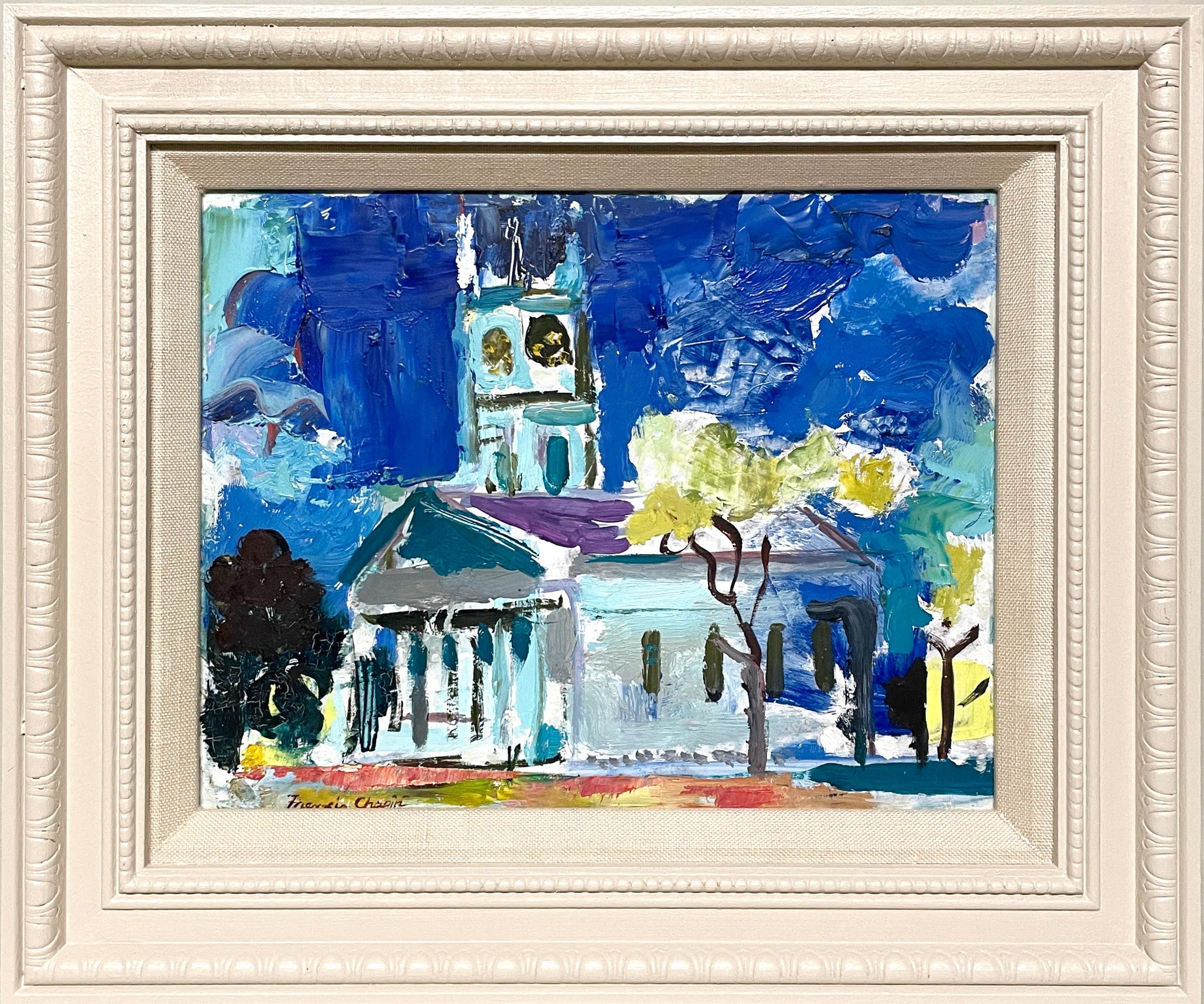 Ein farbenfrohes Gemälde aus den 1950er Jahren von Martha
s Vineyard, Old Whaling Church, Edgartown