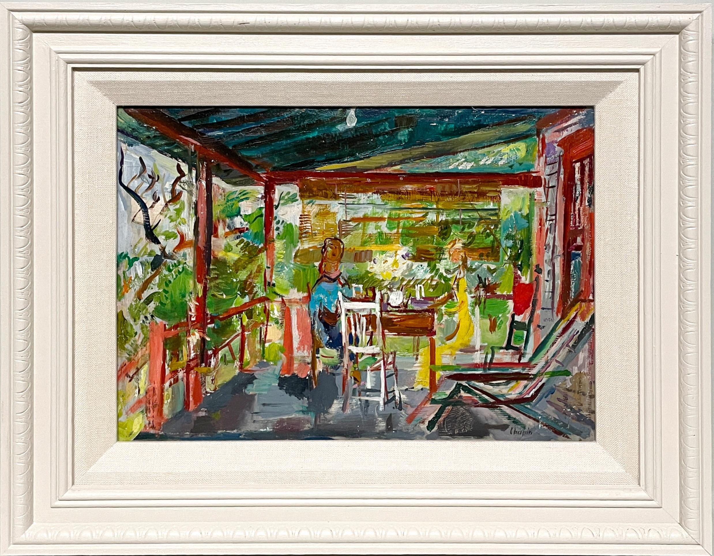 Peinture moderne et colorée des années 1950 représentant Martha
s Vineyard, petit déjeuner sur le porche