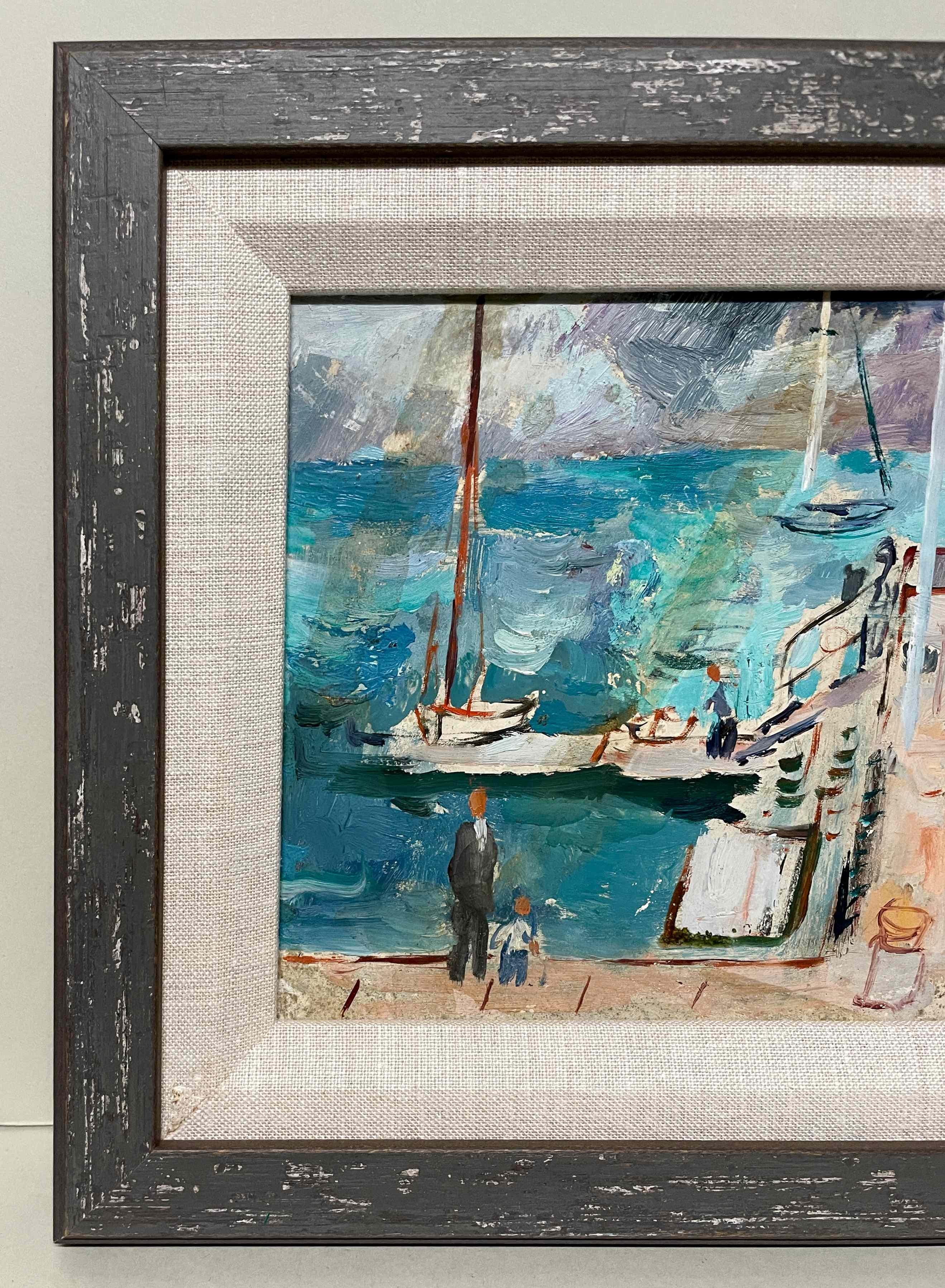 A Delightful, 1950s Mid-Century Modern Harbor Scene of Martha's Vineyard by Notable Chicago Artist, Francis Chapin (Am. 1899-1965).  Painted near the artist's Edgartown summer home and studio, the painting may depict the artist, dressed in a gray