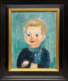 Delizioso ritratto Mid-Century Modern degli anni '50 di un ragazzino con sciarpa blu