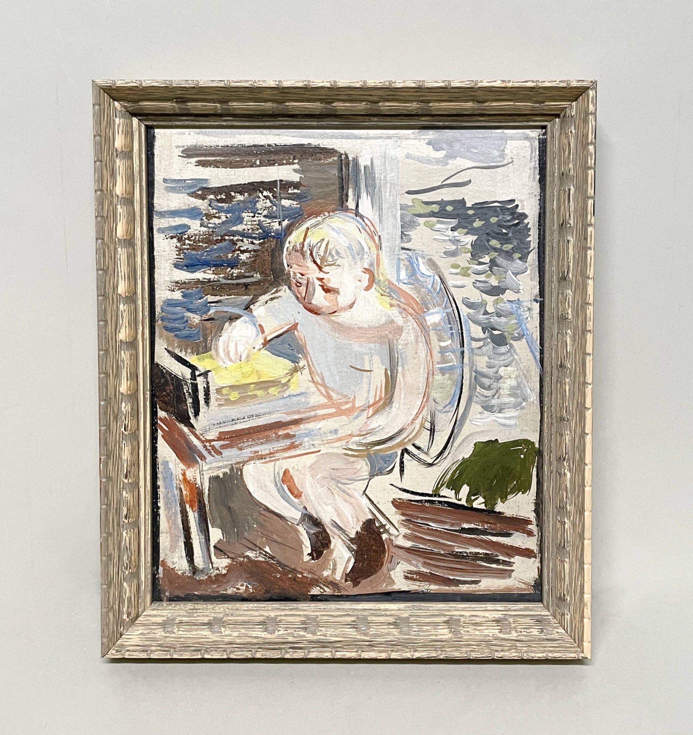 Un delizioso dipinto di un giovane ragazzo che disegna in una rimessa per barche di Francis Chapin in vendita 1