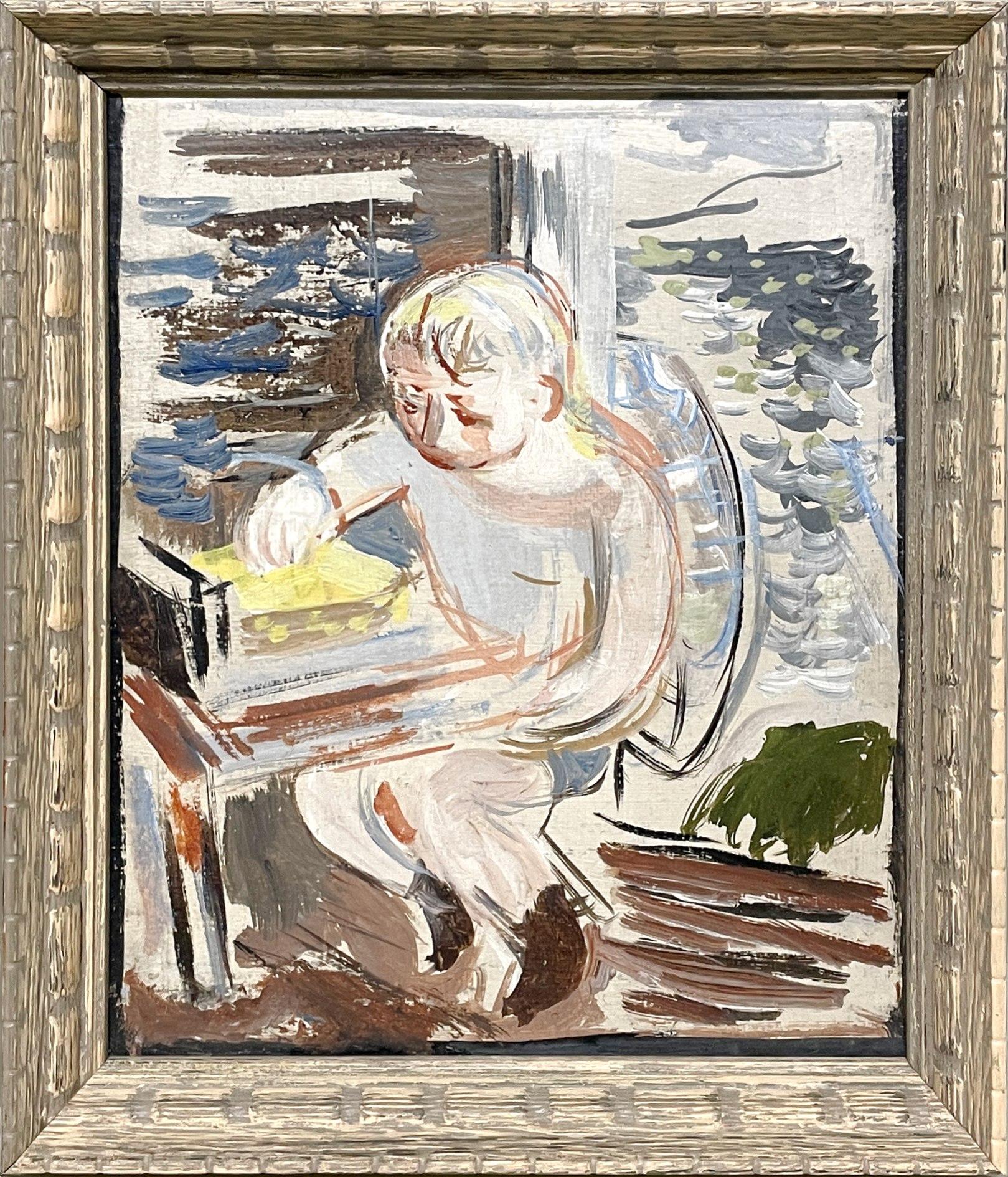 Un delizioso dipinto di un giovane ragazzo che disegna in una rimessa per barche di Francis Chapin in vendita 2