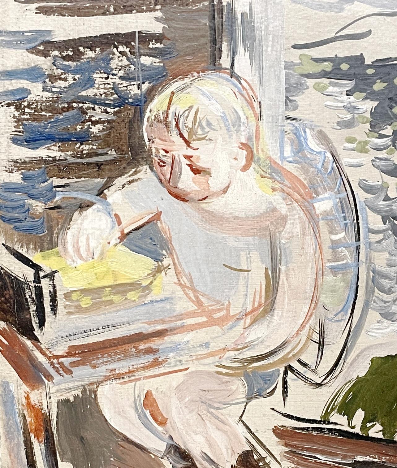 Un delizioso dipinto di un giovane ragazzo che disegna in una rimessa per barche di Francis Chapin in vendita 4
