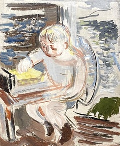 Vintage A Delightful Painting of a Young Boy Sketching in a Boathouse by Francis Chapin
