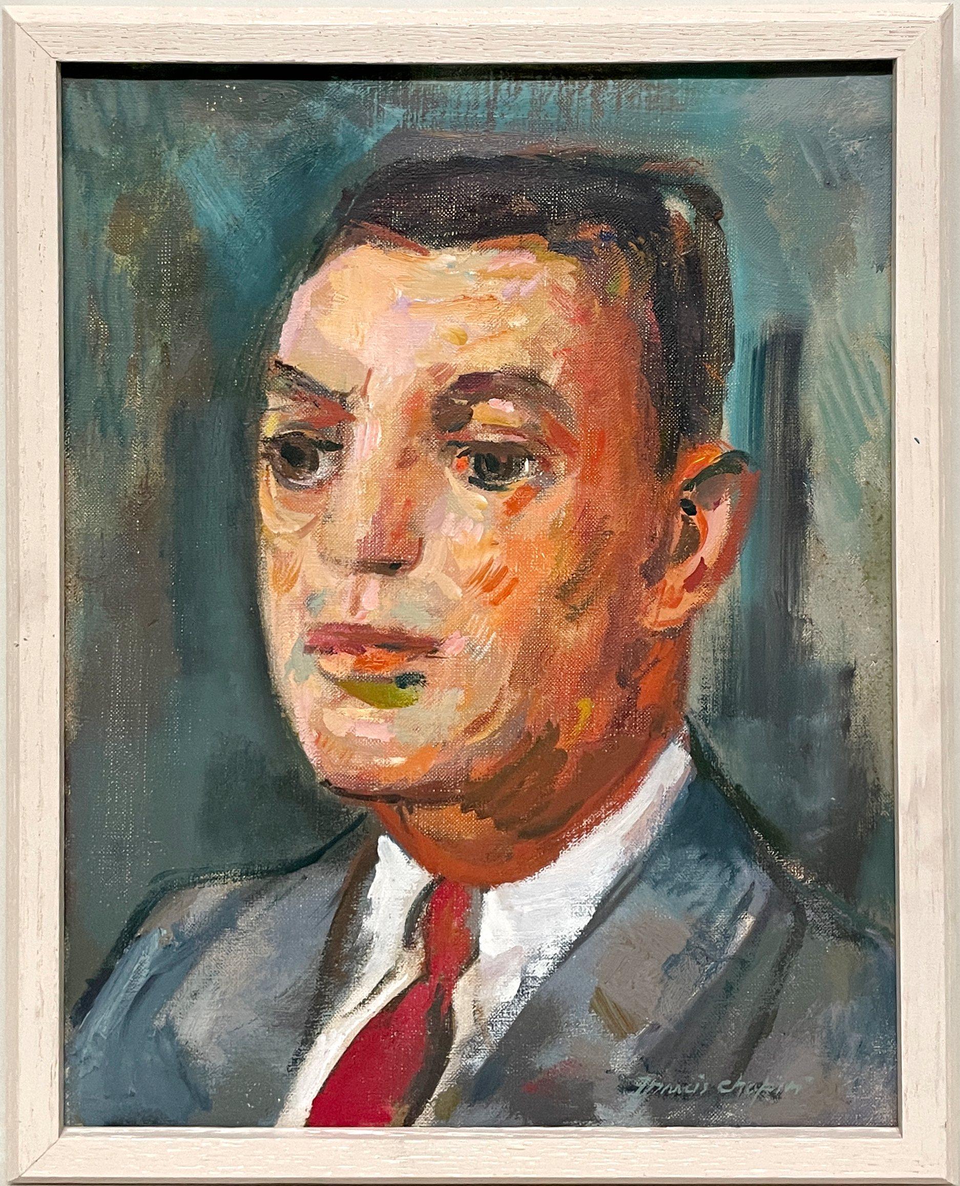 Ein markantes modernes Porträt eines Mannes mit rotem Halsausschnitt aus der Mitte des Jahrhunderts, Joe Muldoon – Painting von Francis Chapin