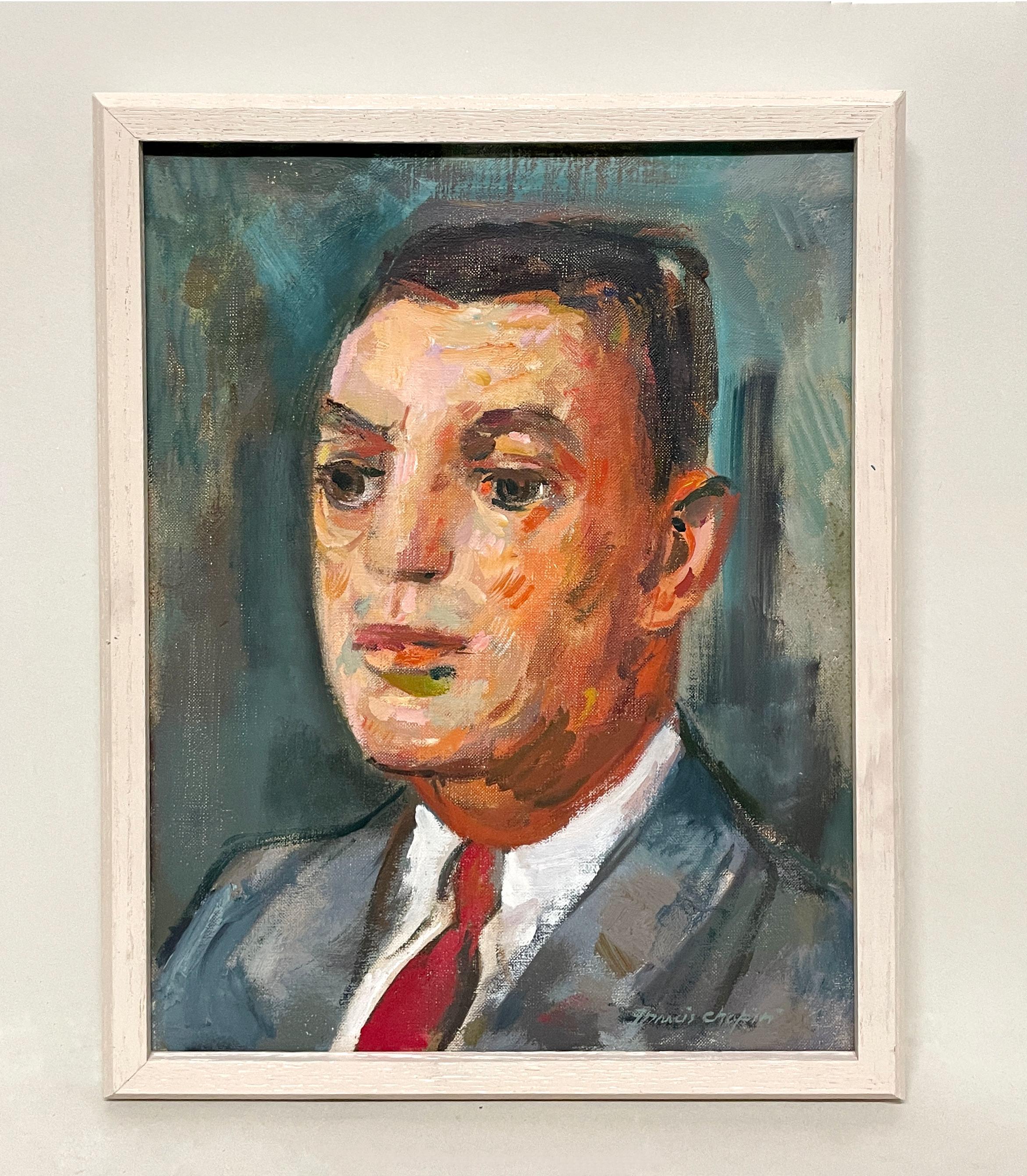 Ein markantes modernes Porträt eines Mannes mit rotem Halsausschnitt aus der Mitte des Jahrhunderts, Joe Muldoon (Amerikanische Moderne), Painting, von Francis Chapin