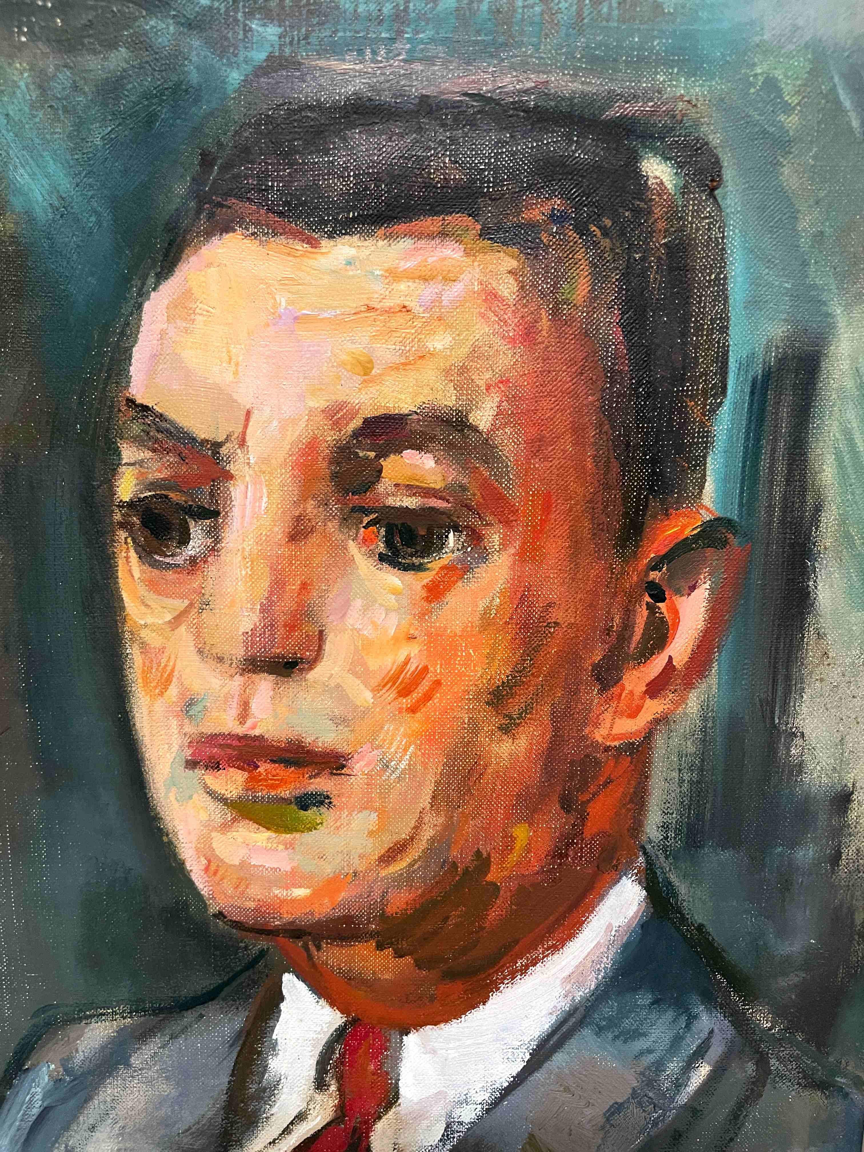 Ein unverwechselbares Mid-Century Modern-Porträt eines Mannes mit roter Krawatte des bekannten Chicagoer Malers Francis Chapin (Am. 1899-1965).  In Chapins Nachlassakten wird der Porträtierte als Joe Muldoon aufgeführt, der sehr distinguiert wirkt