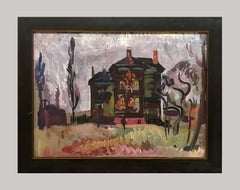 A Large 1930s American Scene WC of Old Victorian House in Late Autumn Landscape
