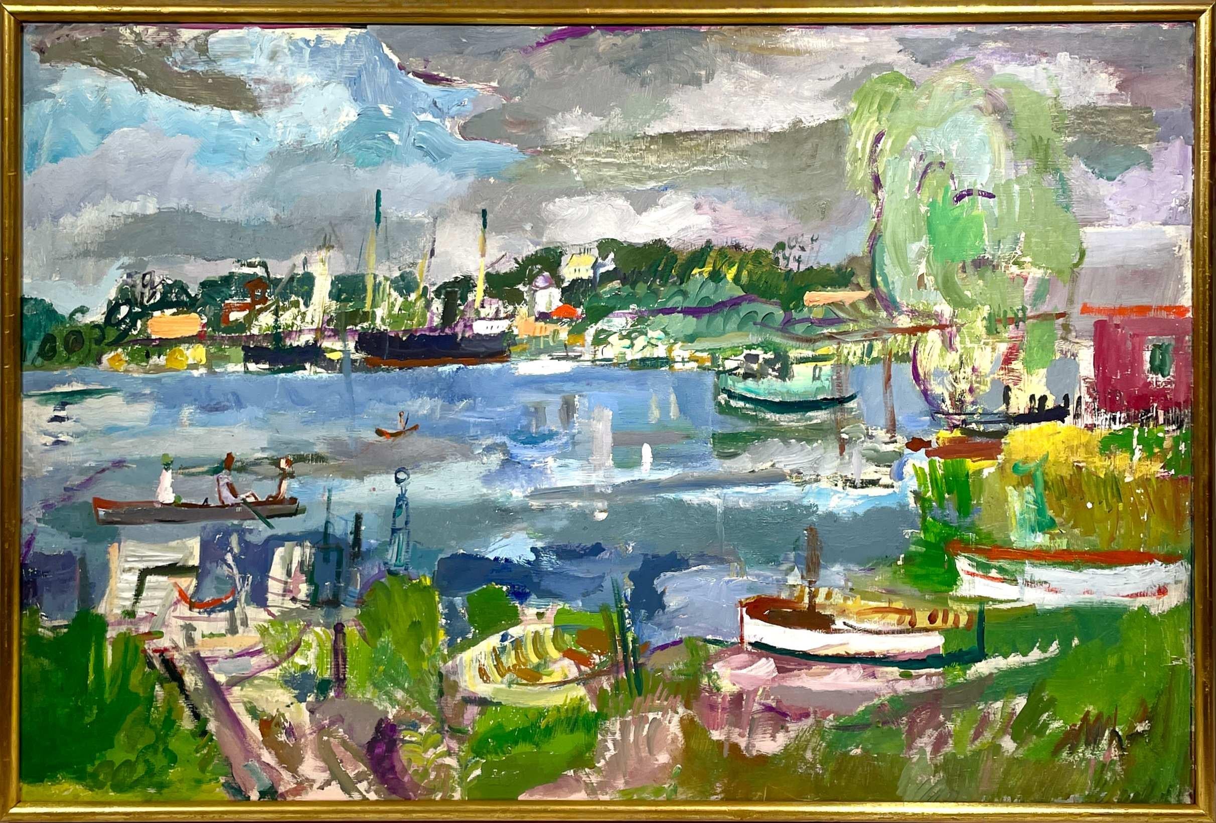 Großes, 1950er Jahre, Ölgemälde auf Masonit eines Hafens in Michigan von Francis Chapin im Angebot 1