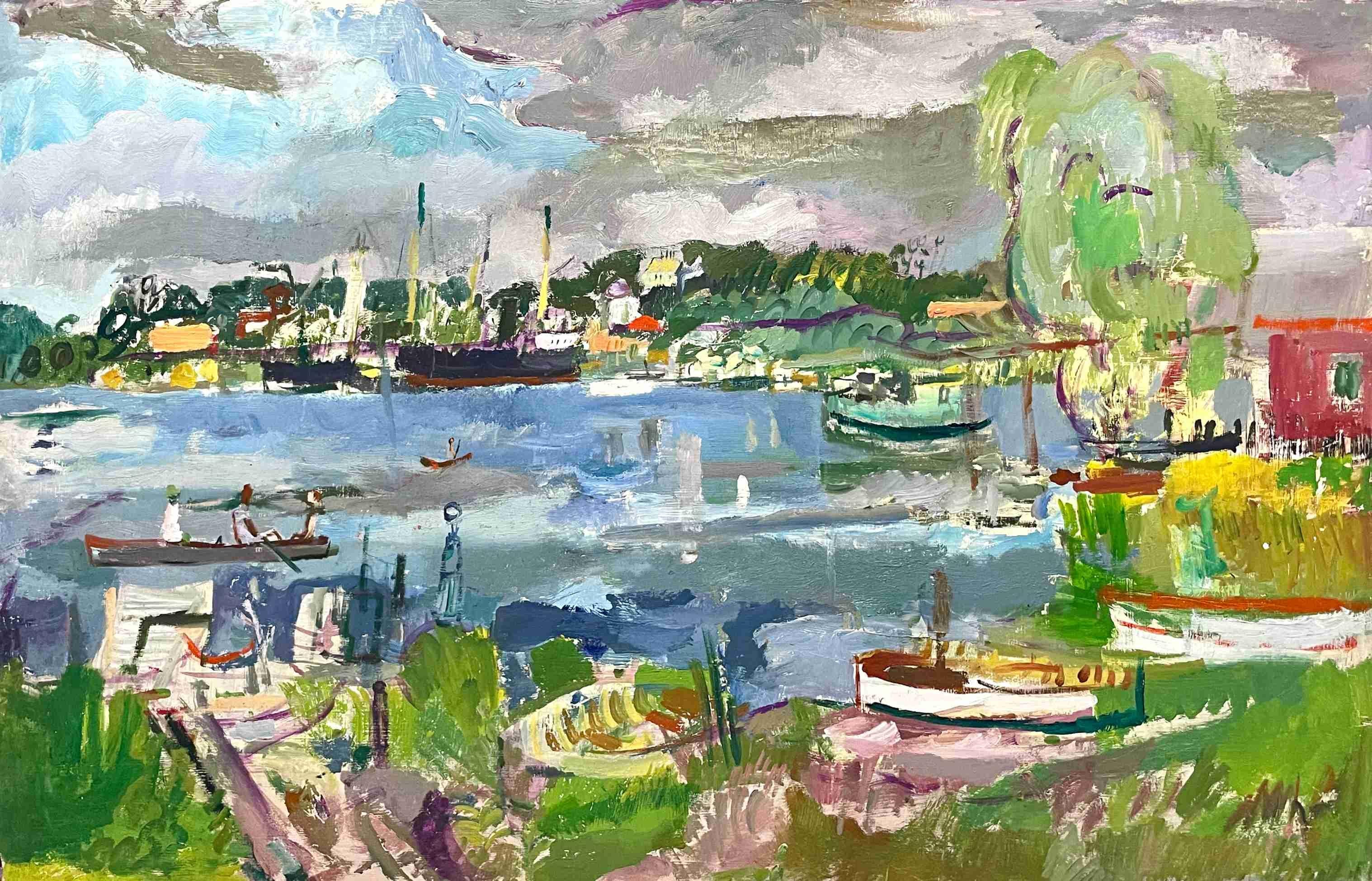 Un gran óleo sobre masonita de los años 50 de Francis Chapin sobre un puerto de Michigan