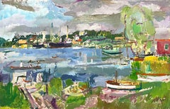 Un gran óleo sobre masonita de los años 50 de Francis Chapin sobre un puerto de Michigan