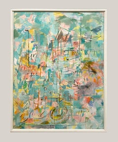 A Large, Colorful 1950s Mid-Century Modern Martha's Vineyard Summer Harbor Scene