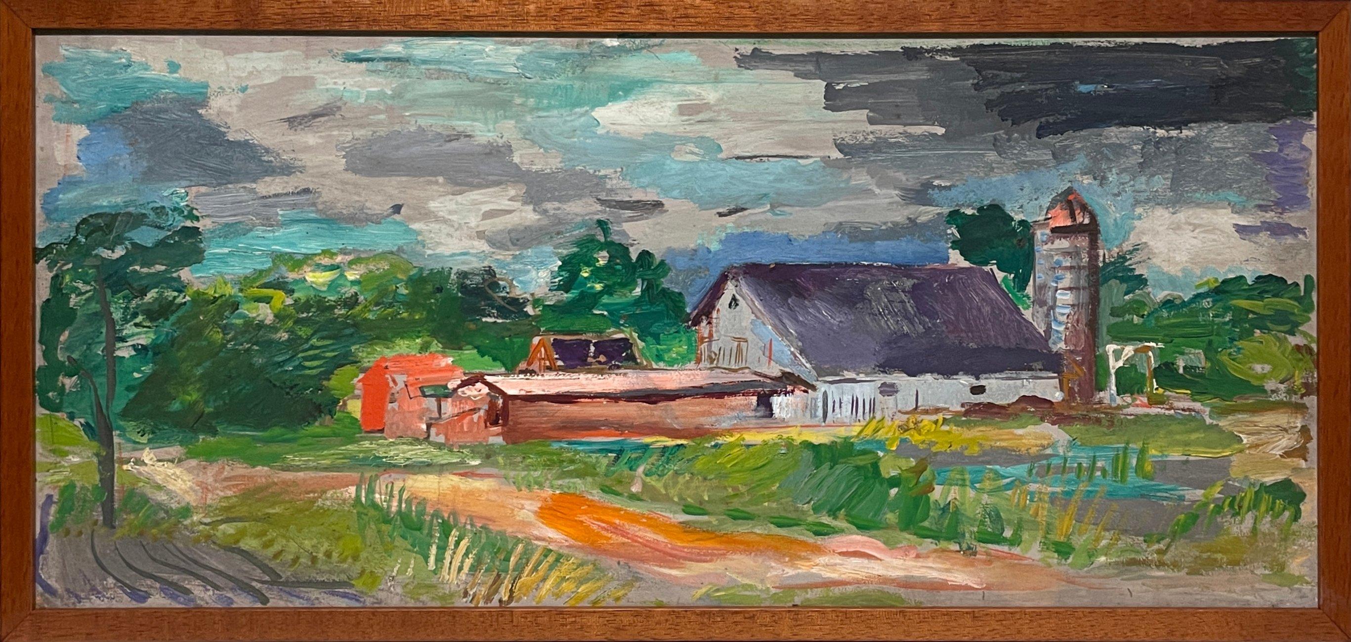 Eine malerische ca. 1940er Jahre Farm Szene mit einer Scheune
Silo von Künstler Francis Chapin