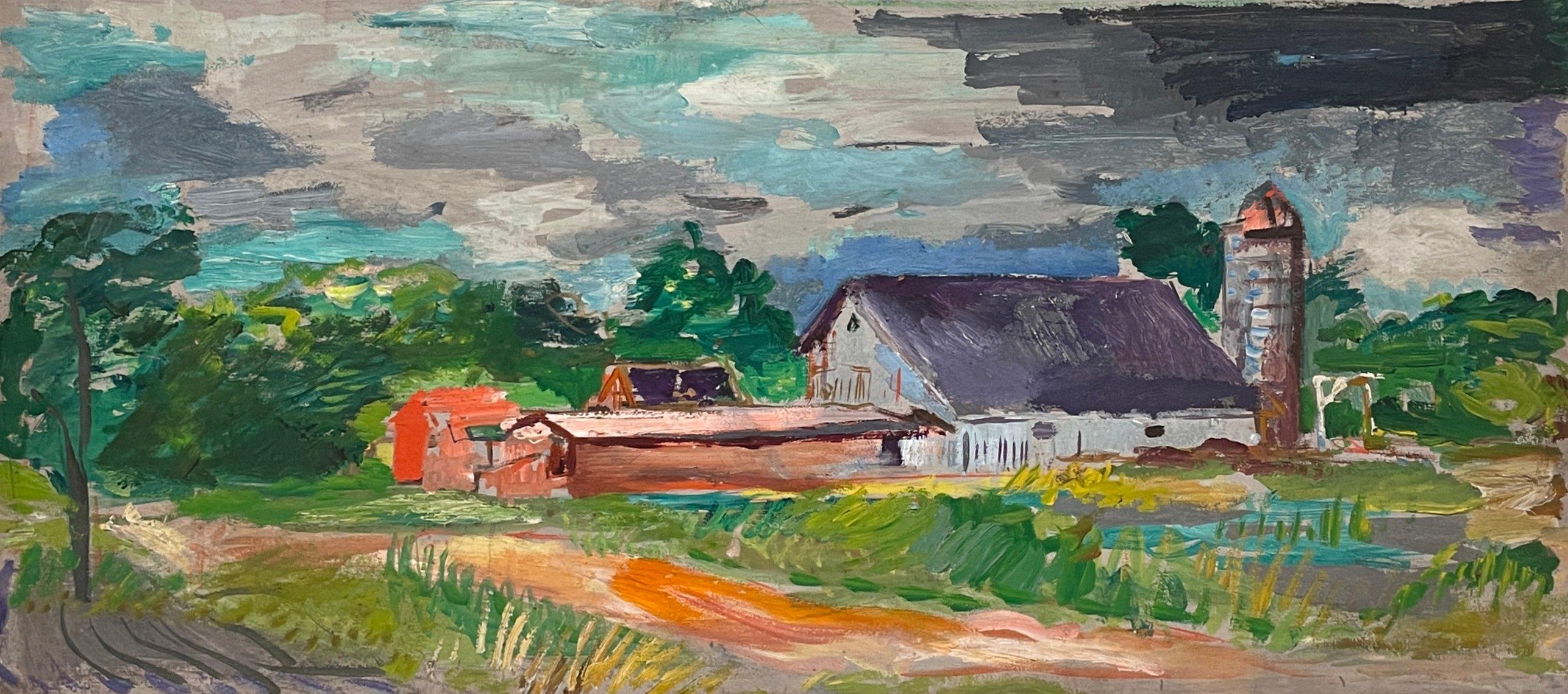 Pintoresca escena de granja de aprox. 1940 con granero y silo, obra del artista Francis Chapin