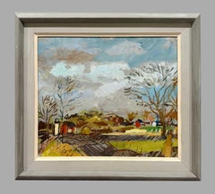 A Quiet, 1950s American Scene Country Landscape Painting, Farm in Late Autumn