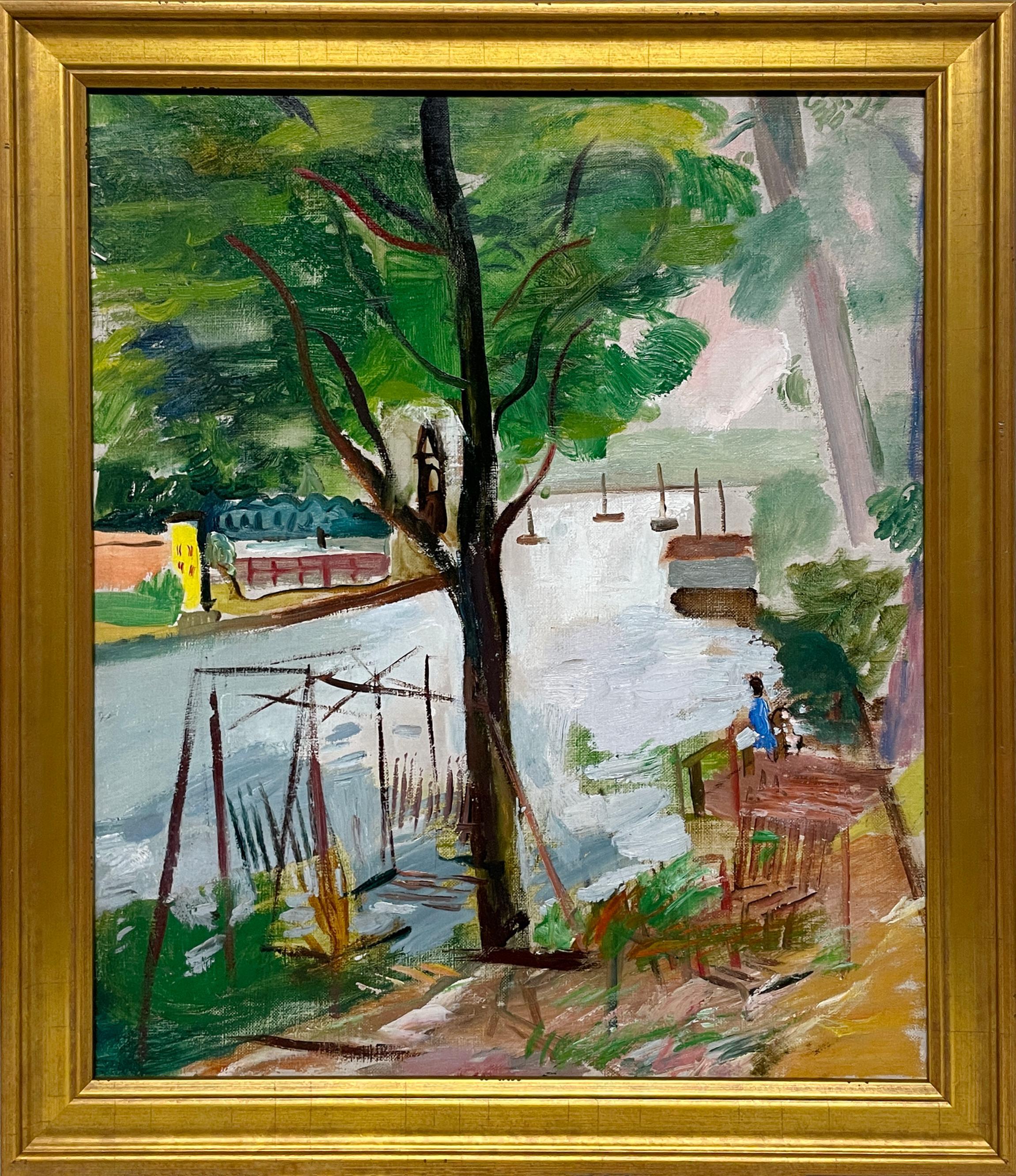 A vibrant, colorful summer landscape painting of Saugatuck, Michigan by notable Chicago Modern artist, Francis Chapin. Dating circa 1935, oil on canvas, the painting depicts a colorful view of the Saugatuck waterfront, seen across the expansive
