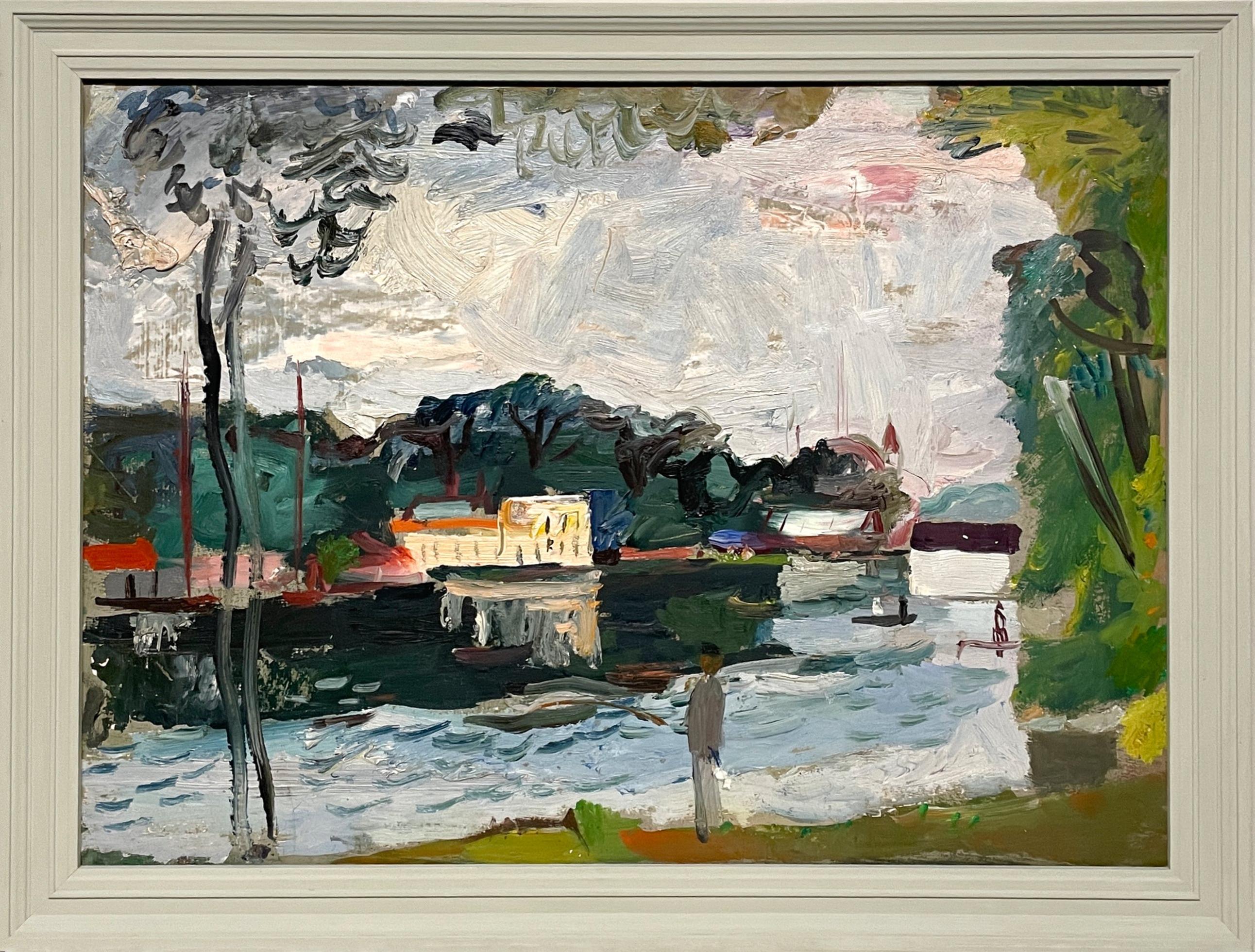 Une scène pittoresque et colorée du port d'été de Saugatuck, Michigan, datant des années 1930, réalisée par le célèbre artiste moderne de Chicago, Francis Chapin.   Vue d'un port d'été animé sur le front de mer historique de Saugatuck, avec en