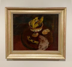 A Serene 1930s Modern Still Life Painting of Yellow Bananas in a French Compote