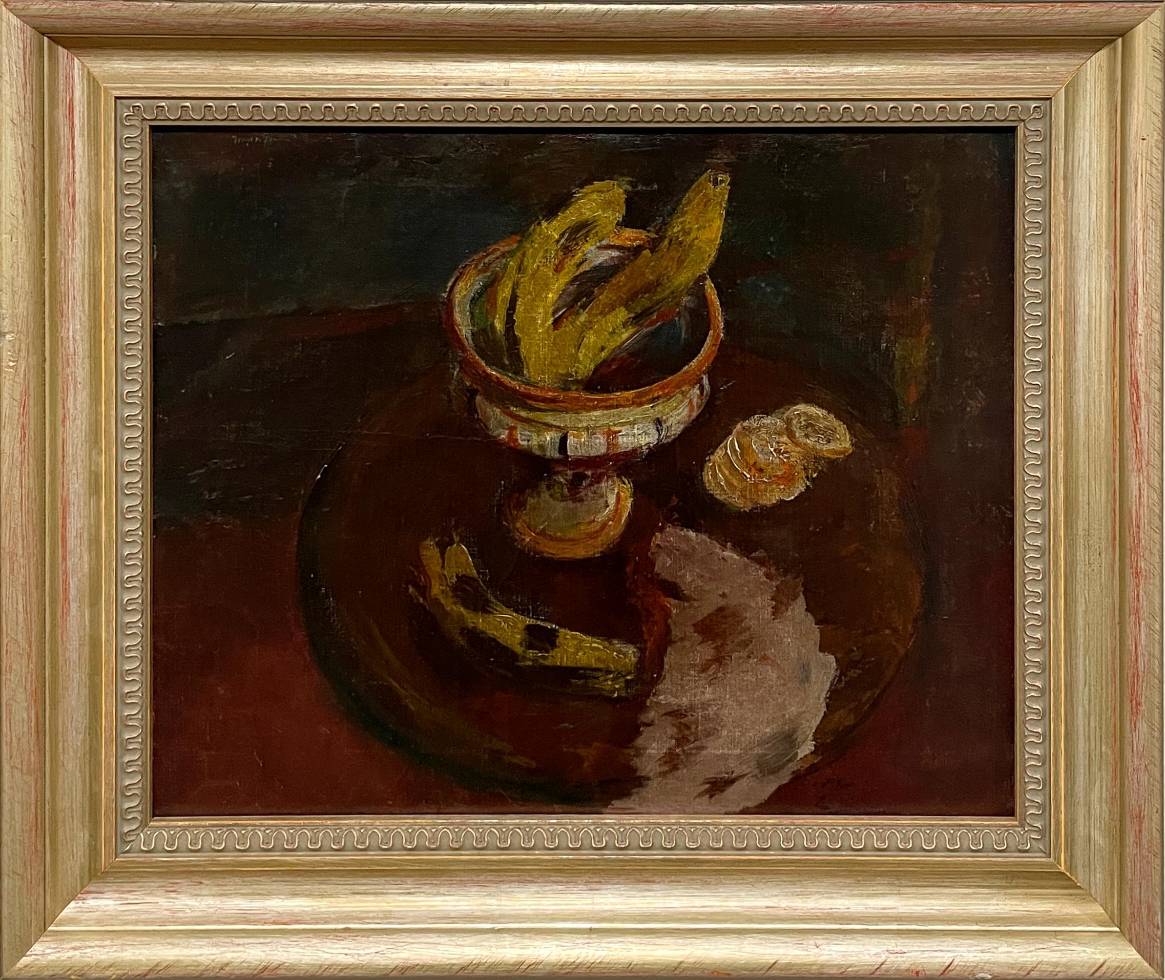 Francis Chapin Interior Painting - A Serene 1930s Modern Still Life Painting of Yellow Bananas in a French Compote