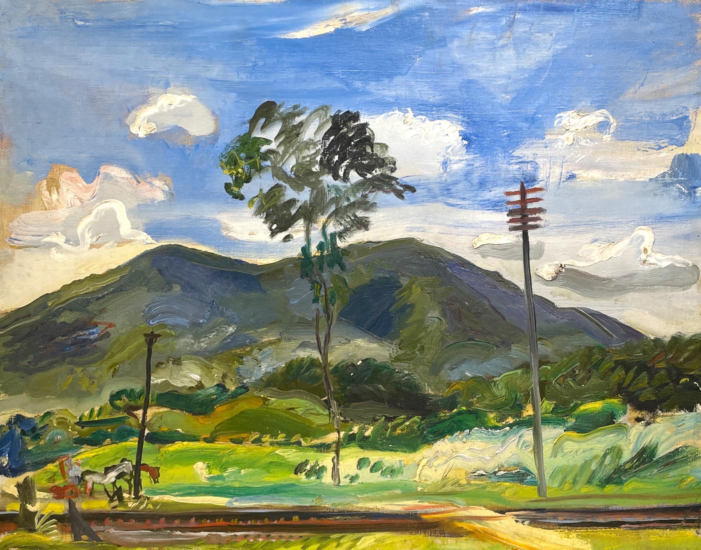 A serene, ca. 1940s, Western landscape painting with horses by artist Francis Chapin.  In a brown, wooden frame.  Image size:  22" x 28".  Framed size:  25" x 31".  Provenance:  Estate of the artist.

Francis Chapin, affectionately called the “Dean