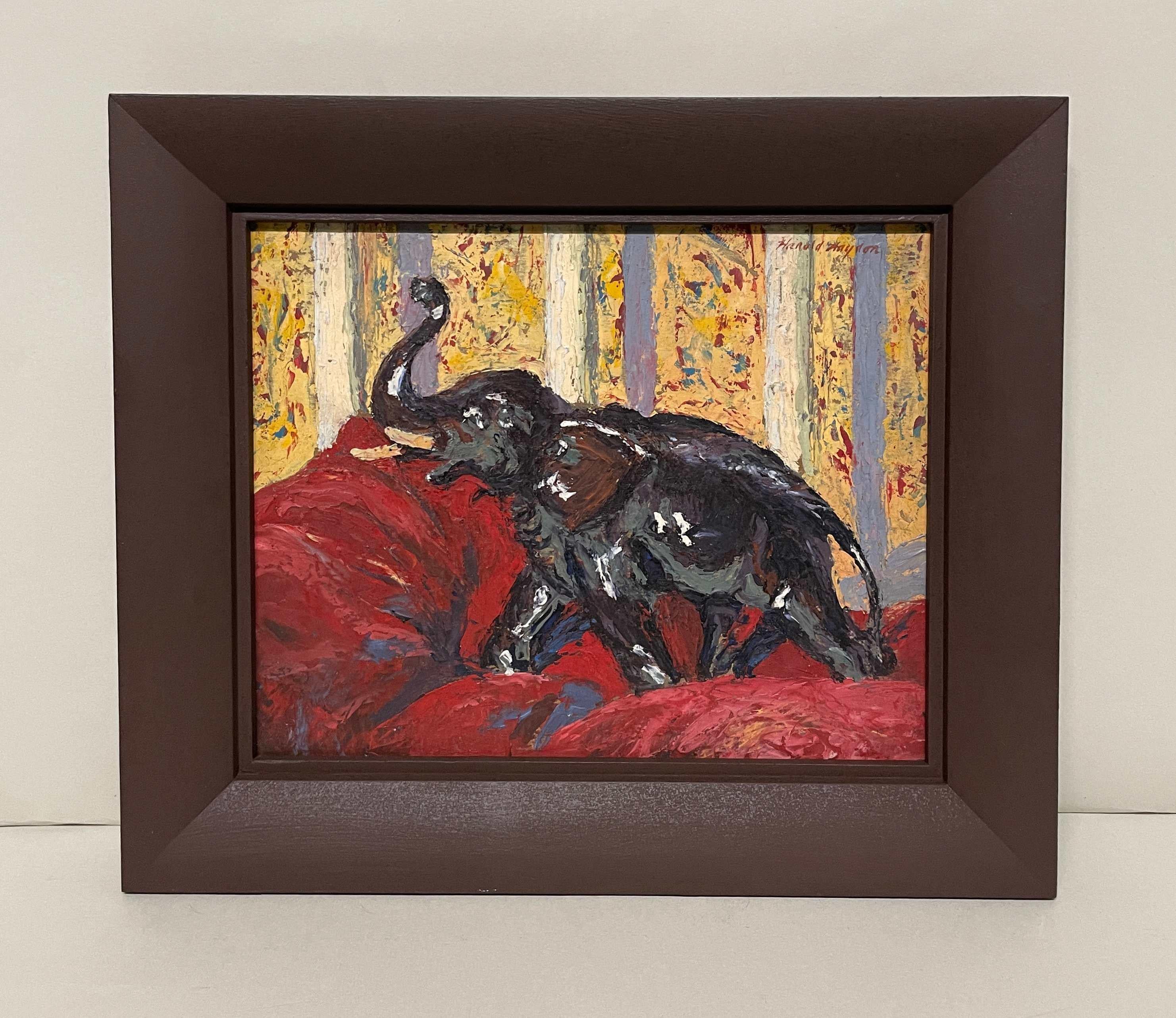 Nature morte représentant un éléphant en céramique et un oreiller rouge par Francis Chapin en vente 1
