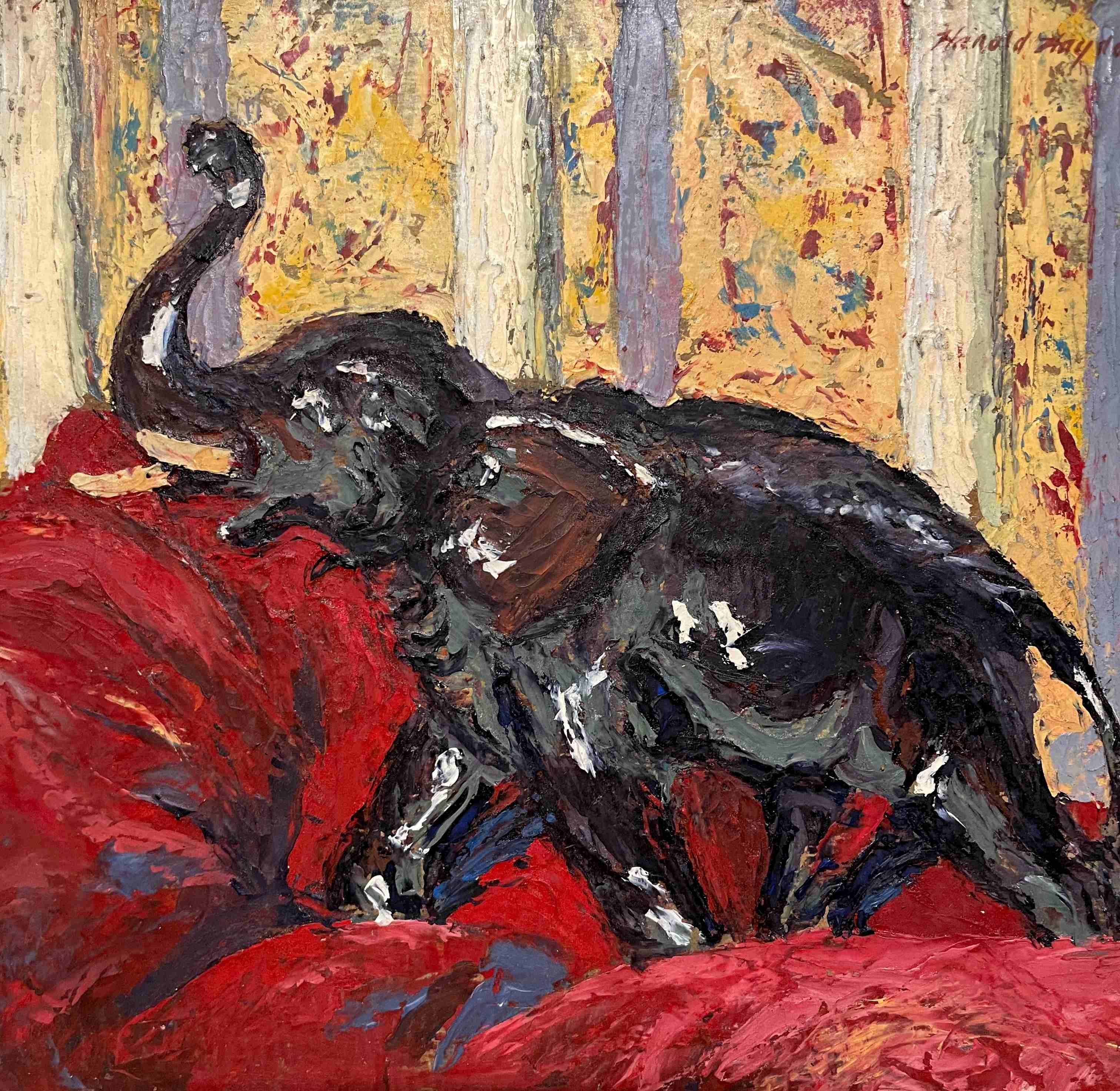 Nature morte représentant un éléphant en céramique et un oreiller rouge par Francis Chapin en vente 3