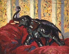 Pittura still life di un elefante in ceramica e un cuscino rosso di Francis Chapin