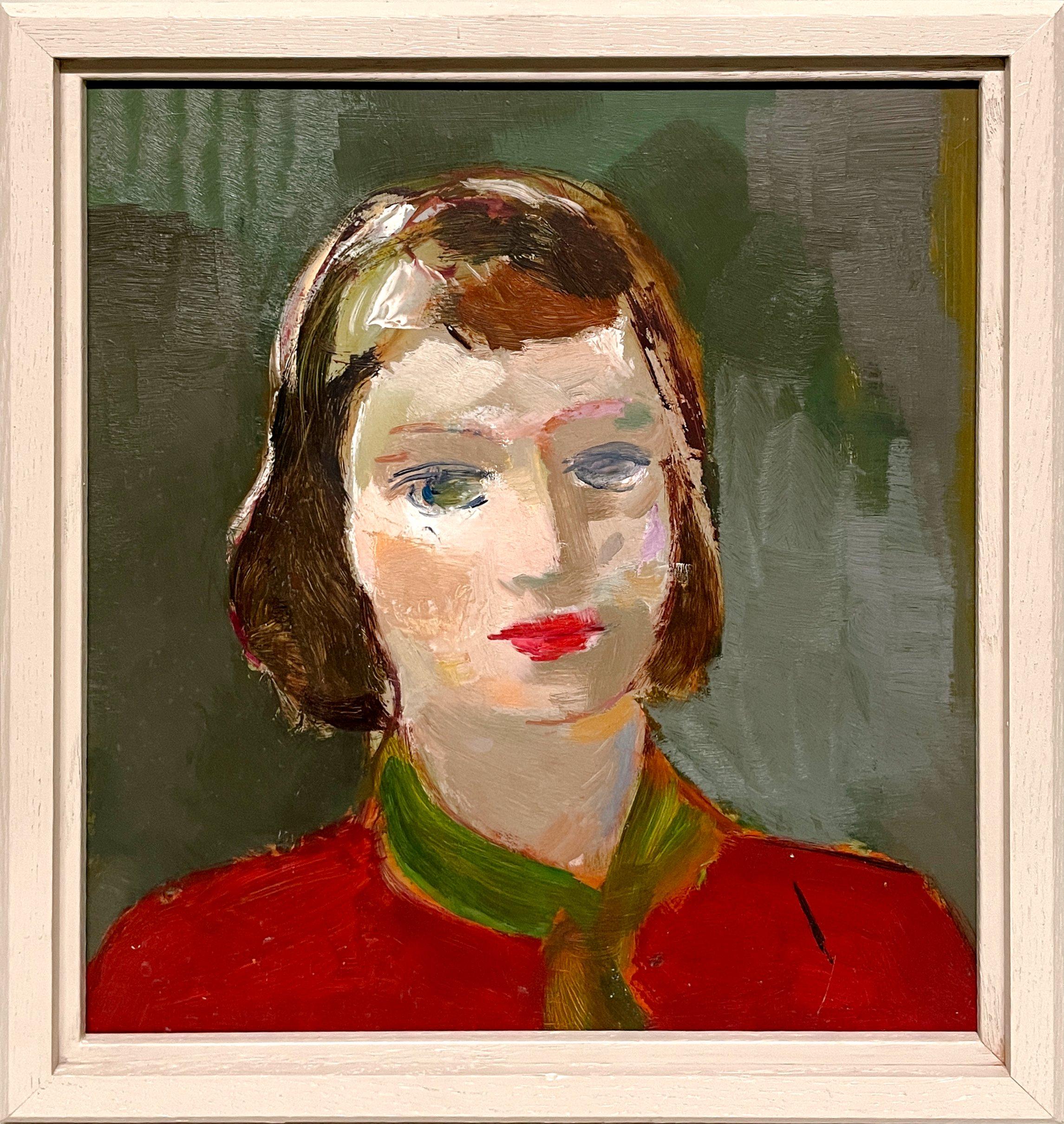 A Striking Mid-Century Modern Portrait of a Young Woman, Red Dress, Green Scarf - Painting by Francis Chapin