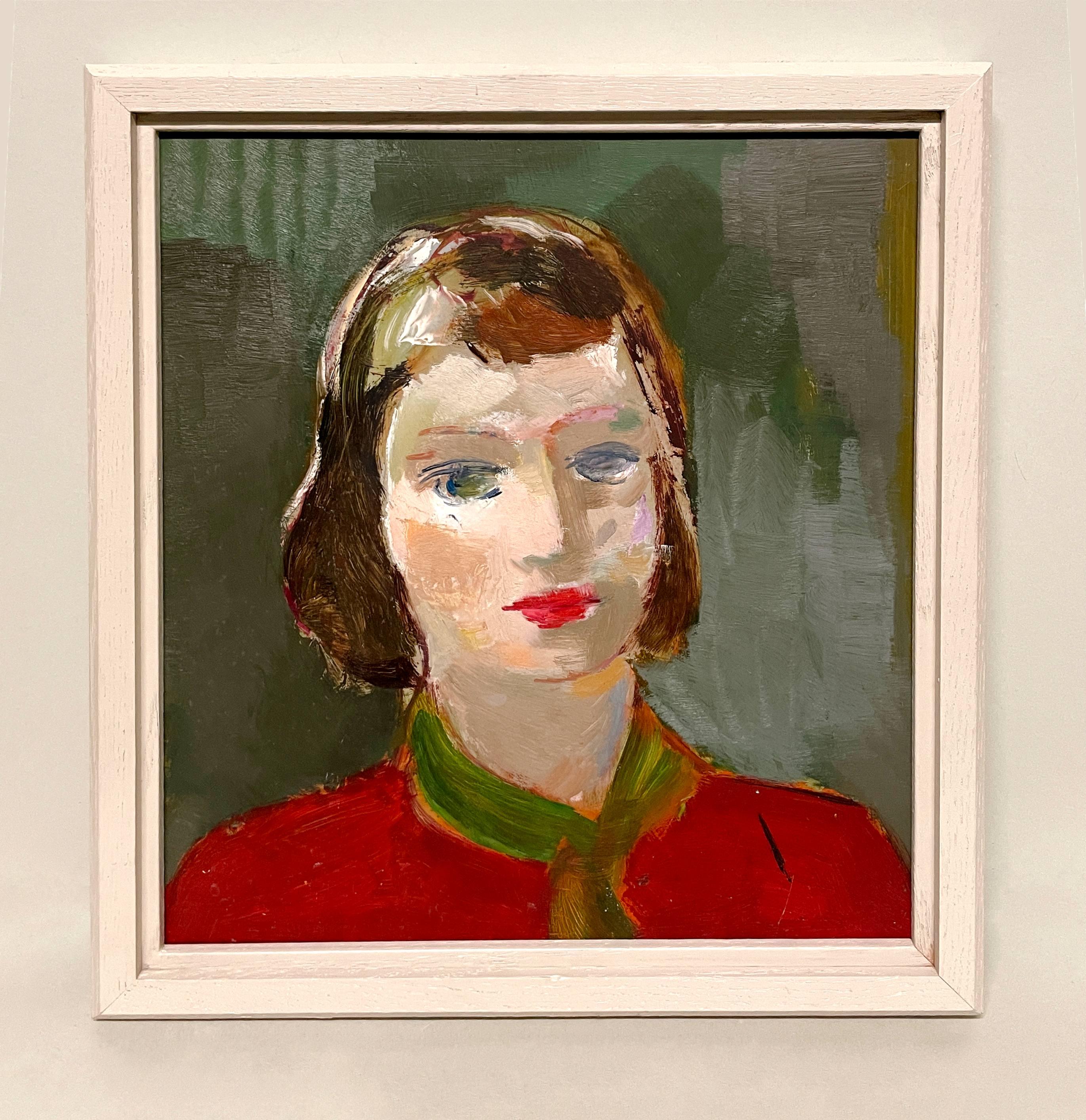 A Striking Mid-Century Modern Portrait of a Young Woman, Red Dress, Green Scarf - American Modern Painting by Francis Chapin