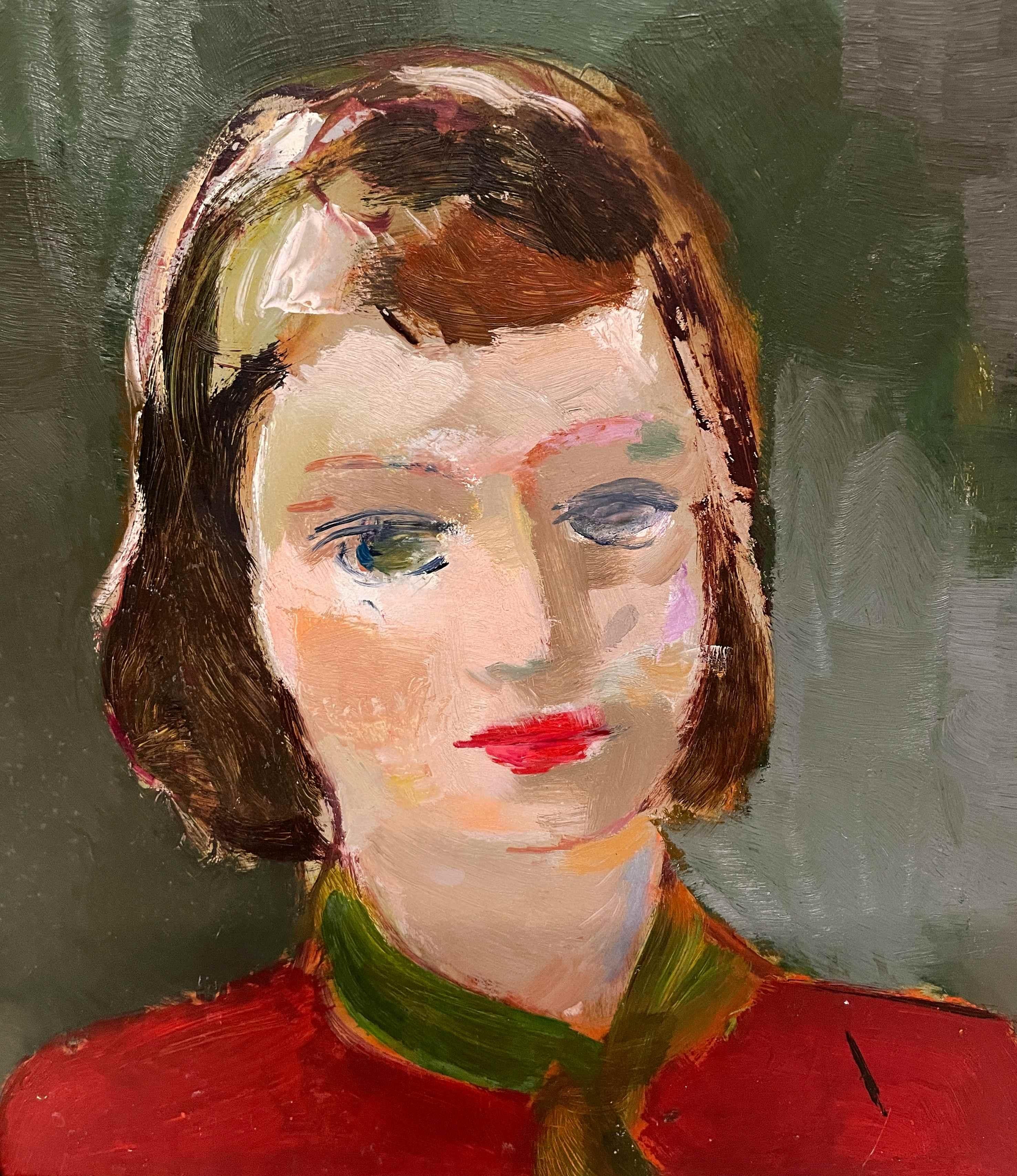A Striking Mid-Century Modern Portrait of a Young Woman, Red Dress, Green Scarf - Brown Portrait Painting by Francis Chapin