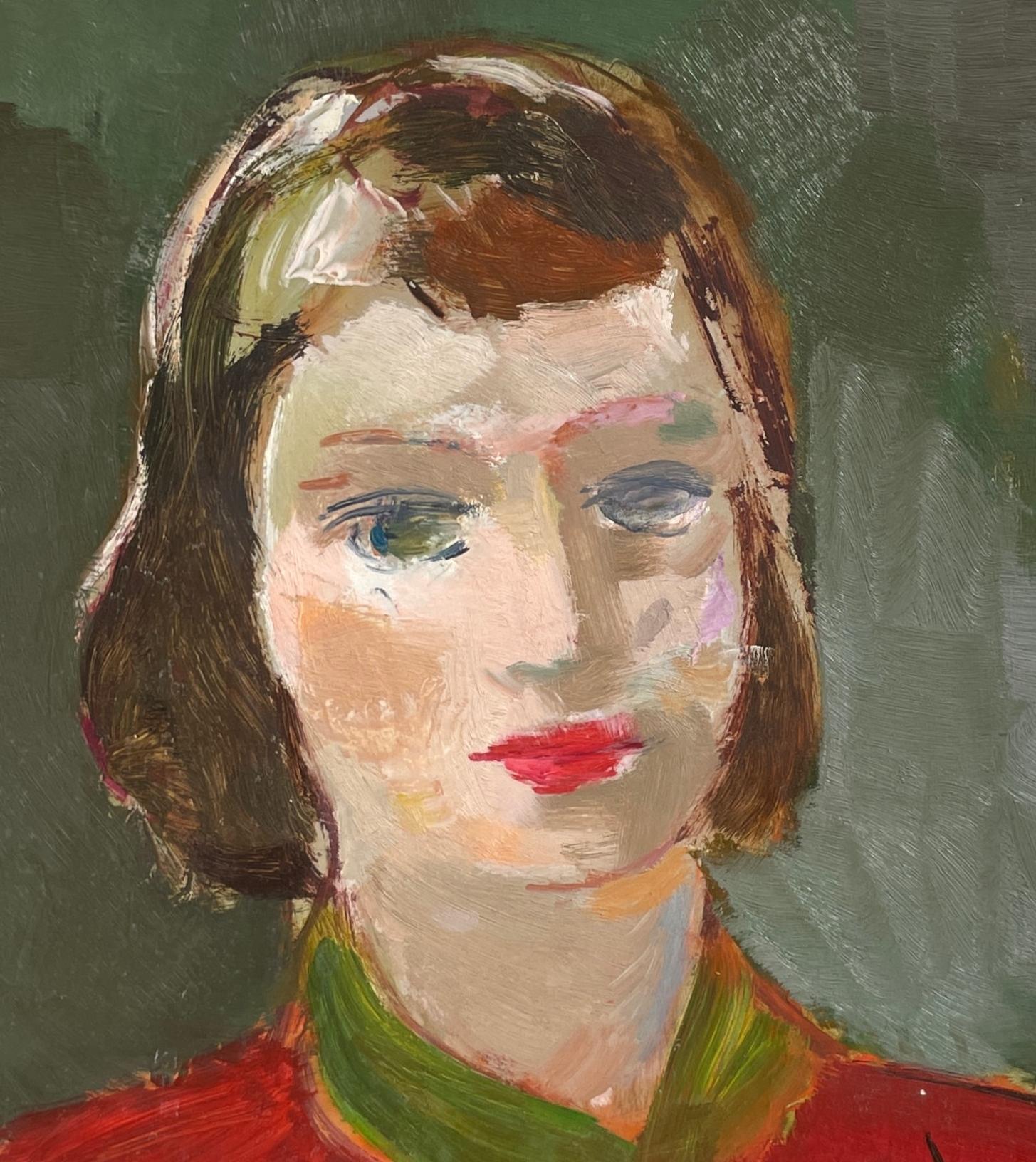 A striking Mid-Century Modern portrait of a young woman wearing a red dress and green scarf by noted Chicago painter, Francis Chapin (Am. 1899-1965).  Artwork size:  15” x 14”;  Framed size:  16” x 15”.  Provenance: Estate of the artist.

Francis
