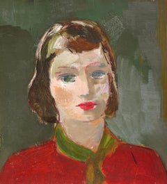 A Striking Mid-Century Modern Portrait of a Young Woman, Red Dress, Green Scarf