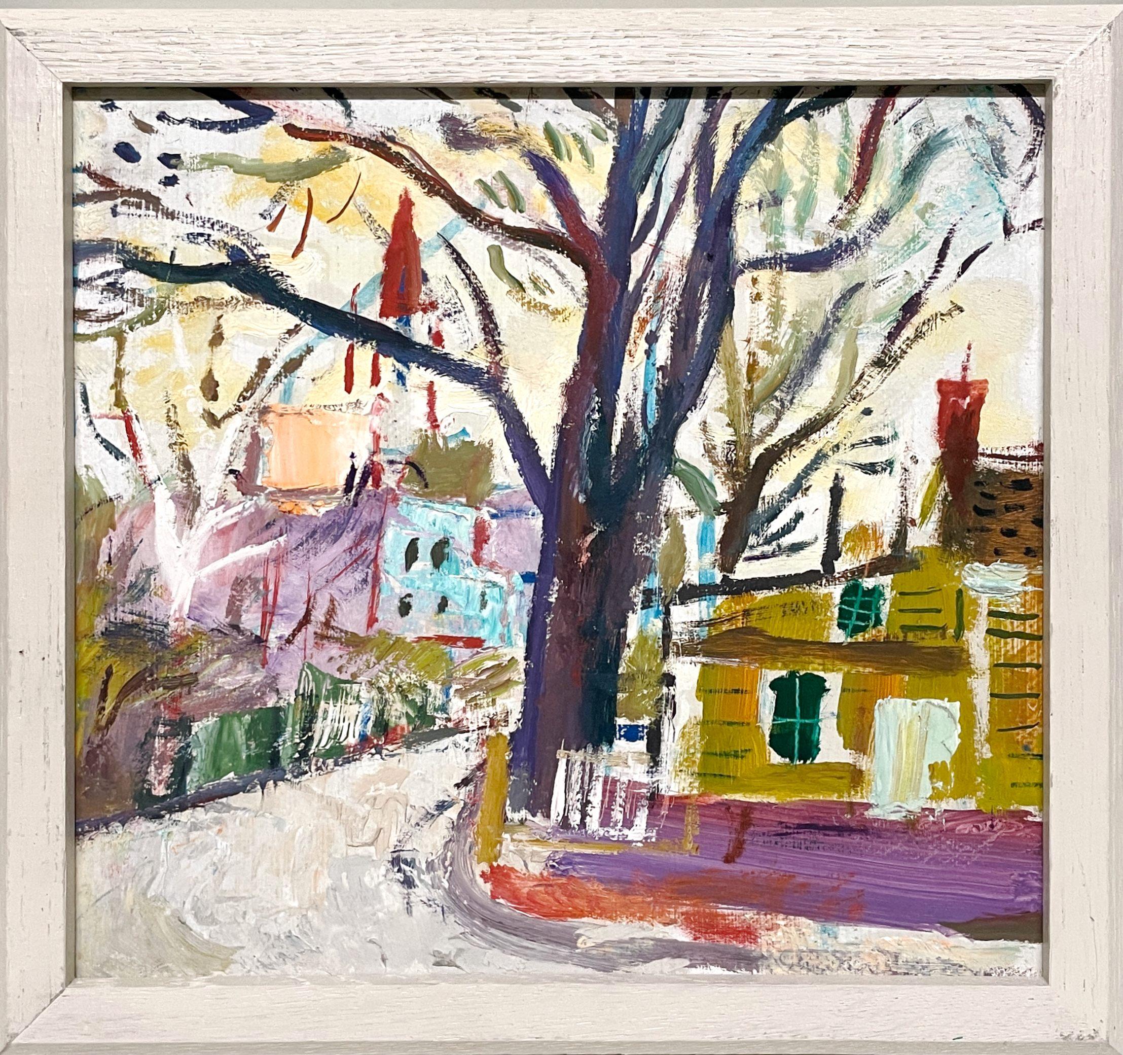 Una vibrante pintura moderna americana de los años 30, escena callejera de la ciudad de Chicago, casco antiguo - Painting moderno estadounidense de Francis Chapin