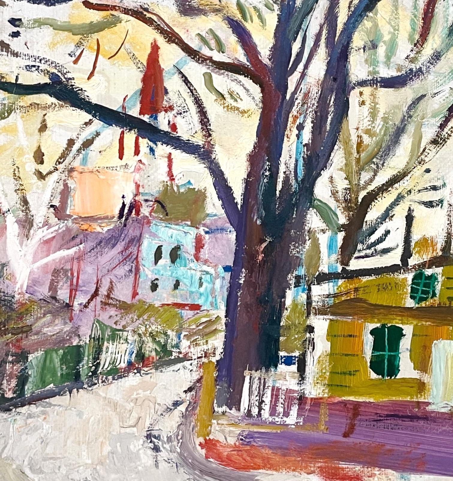 Una vibrante pintura moderna americana de los años 30, escena callejera de la ciudad de Chicago, casco antiguo - Landscape Painting Marrón de Francis Chapin