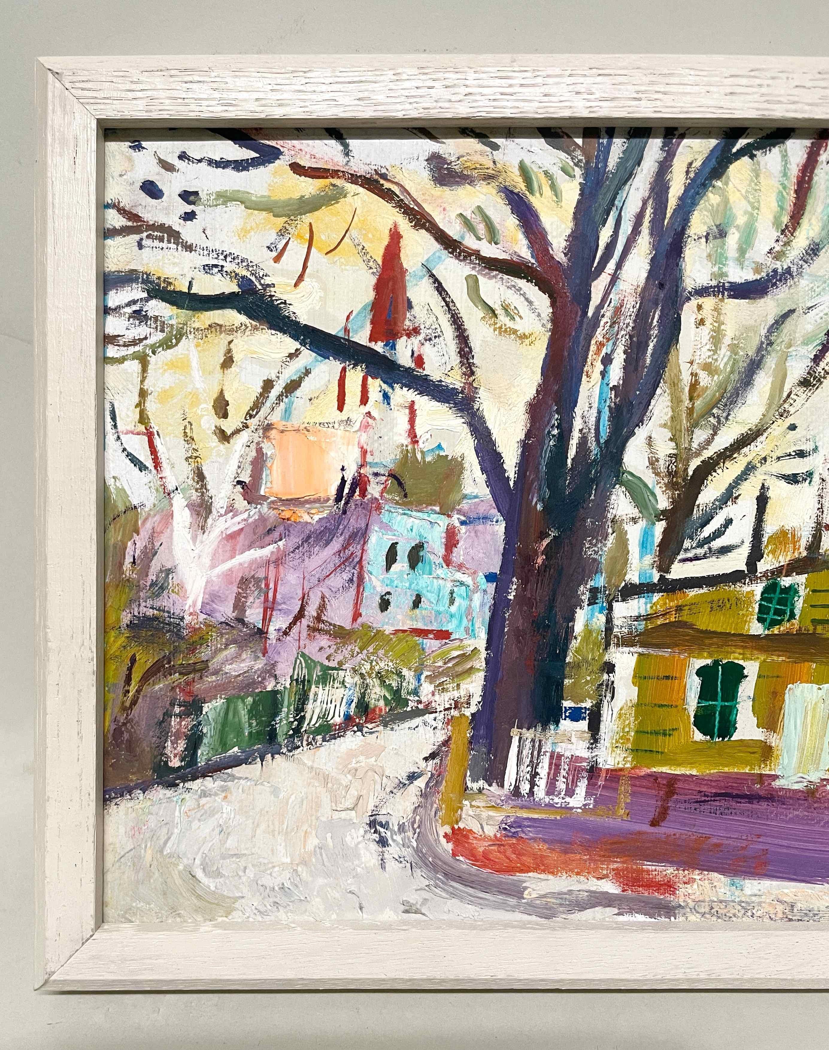 Una vibrante escena callejera del barrio Old Town de Chicago de los años 30, obra del notable artista moderno de Chicago Francis Chapin (Am. 1899-1965).  Representa una colorida y borrascosa vista otoñal del pintoresco barrio Old Town de Chicago,