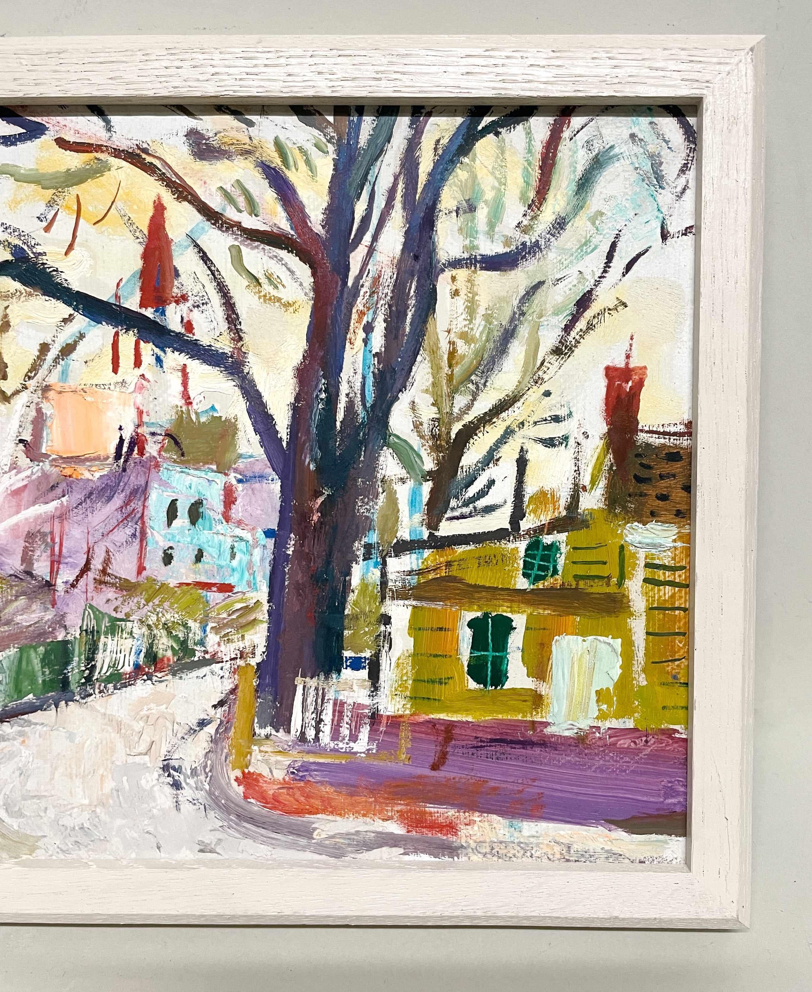 Una vibrante pintura moderna americana de los años 30, escena callejera de la ciudad de Chicago, casco antiguo en venta 1