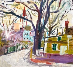 Una vibrante pintura moderna americana de los años 30, escena callejera de la ciudad de Chicago, casco antiguo