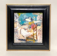 A Vibrant 1940s Modern Painting of a Young Woman Reading, Summer Patio Garden