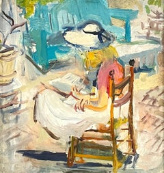 A Vibrant 1940s Modern Painting of a Young Woman Reading, Summer Patio Garden