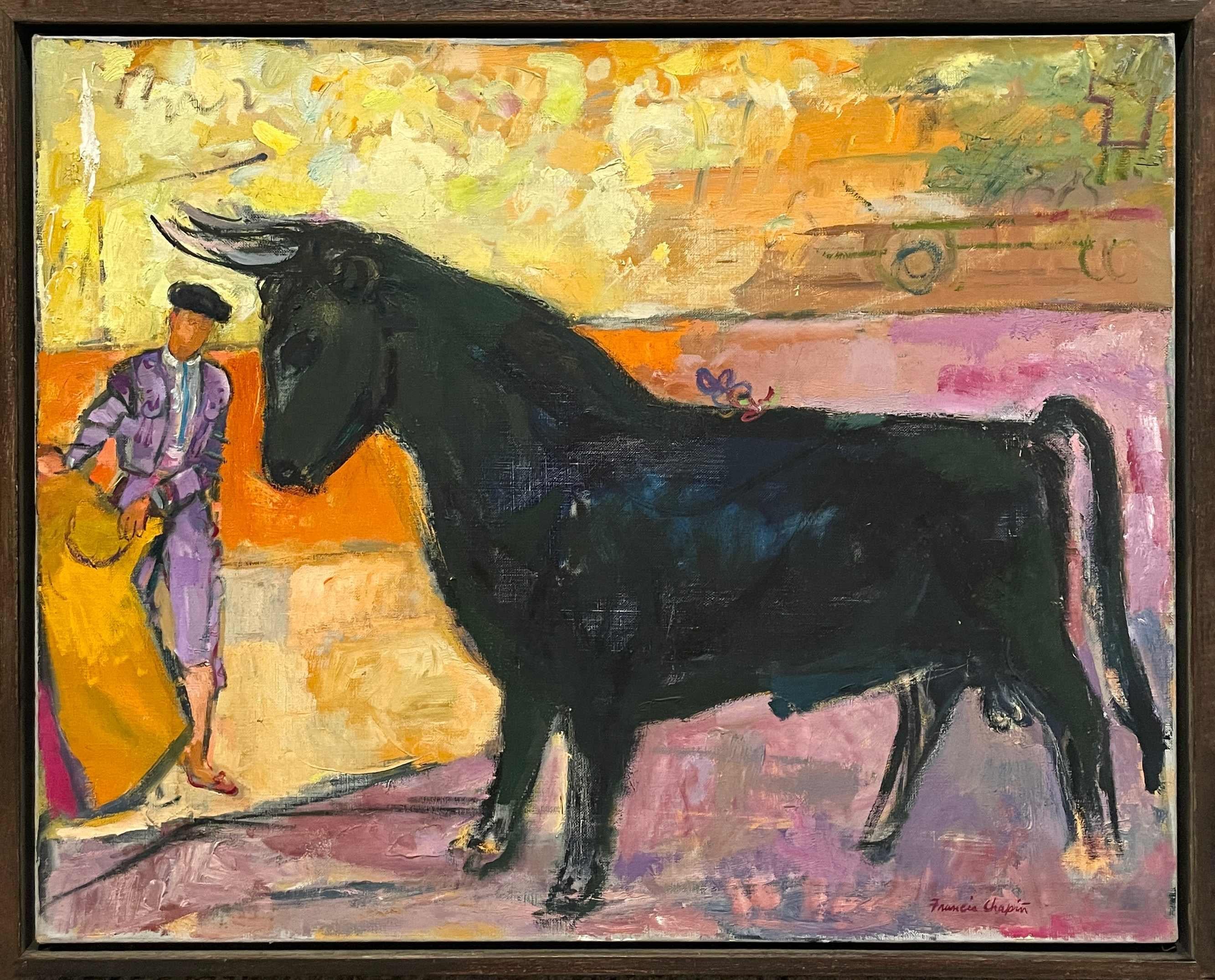 Ein lebhaftes, farbenfrohes Gemälde aus der Jahrhundertmitte der 1950er Jahre mit der Darstellung eines Stierkampfes von Francis Chapin, einem bekannten Künstler aus Chicago.  Öl auf Leinwand, präsentiert in einem nussbraun gebeizten Keilrahmen der