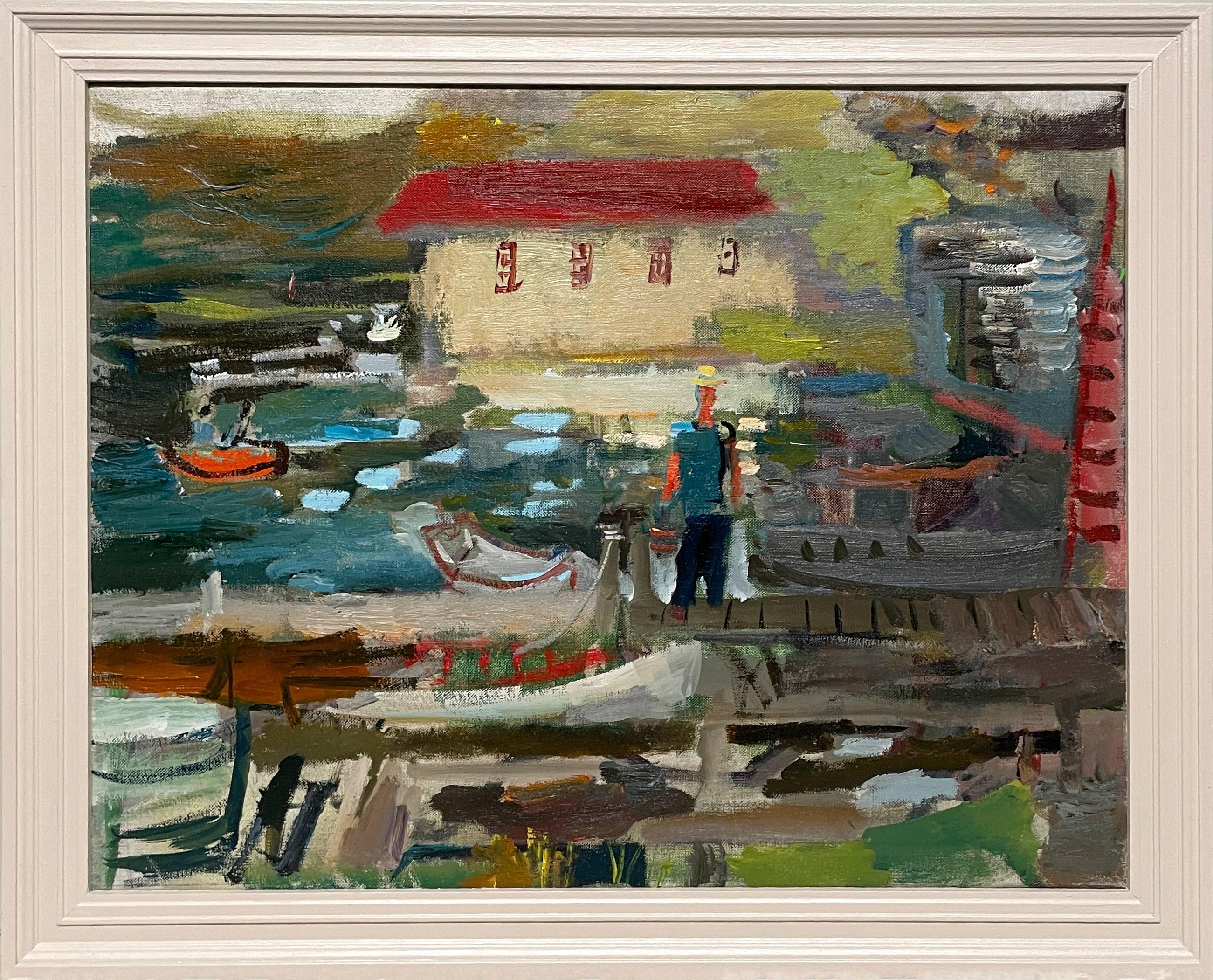 Scène de port d
été de Martha
s Vineyard, vibrante et moderne, datant des années 1950.