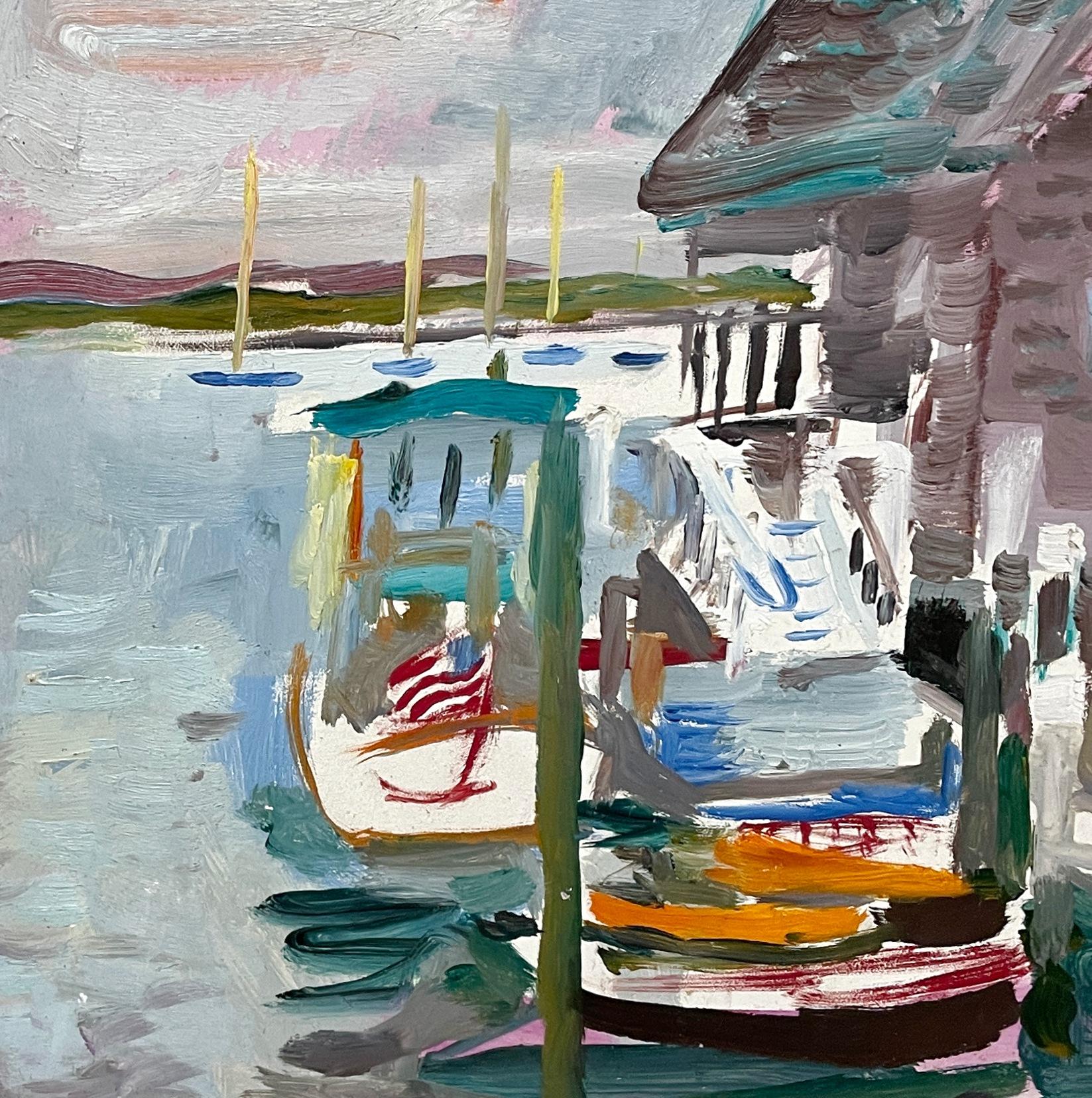 Eine lebendige, charmante moderne Hafenszene von Martha's Vineyard aus der Mitte der 1950er-Jahre (Braun), Figurative Painting, von Francis Chapin